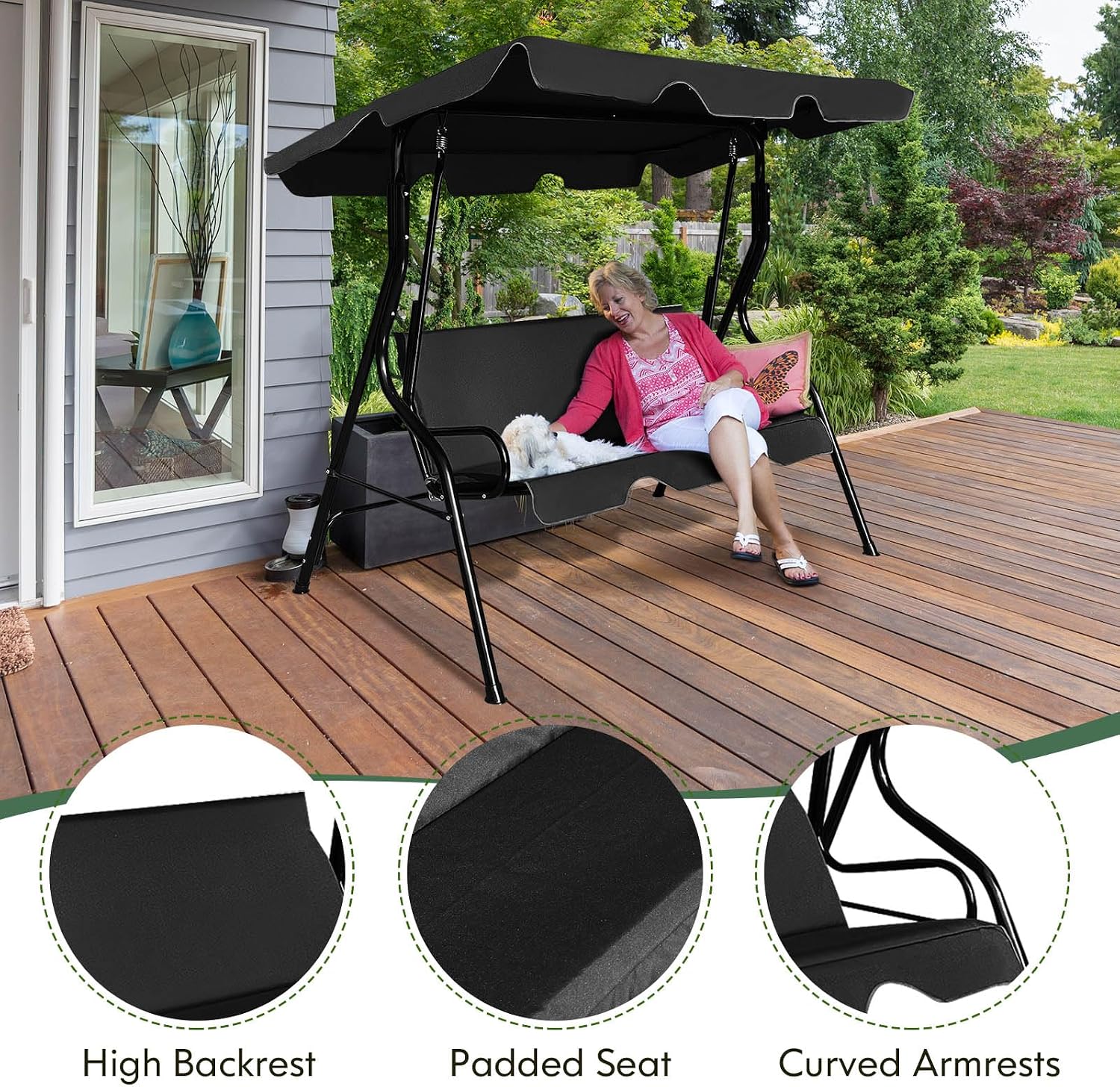 DREAMADE Porch Swing Outdoor, 3 Person Patio Swing w/Removable Cushion, Stand & Adjustable Canopy, Heavy Duty Swing Chair for Patio, Garden, Courtyard, Poolside