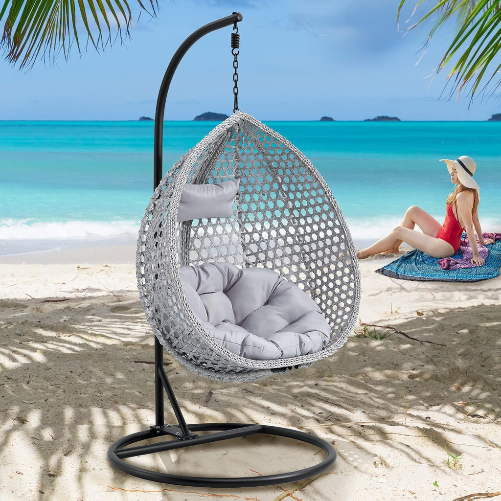 Egg Swing Chair with Stand,Grey Hanging Egg Chair with Stand, Rattan Swing Egg with Soft Cushion, Outdoor Hanging with Foldable Basket & Metal Stand for Bedroom Patio (Gray)