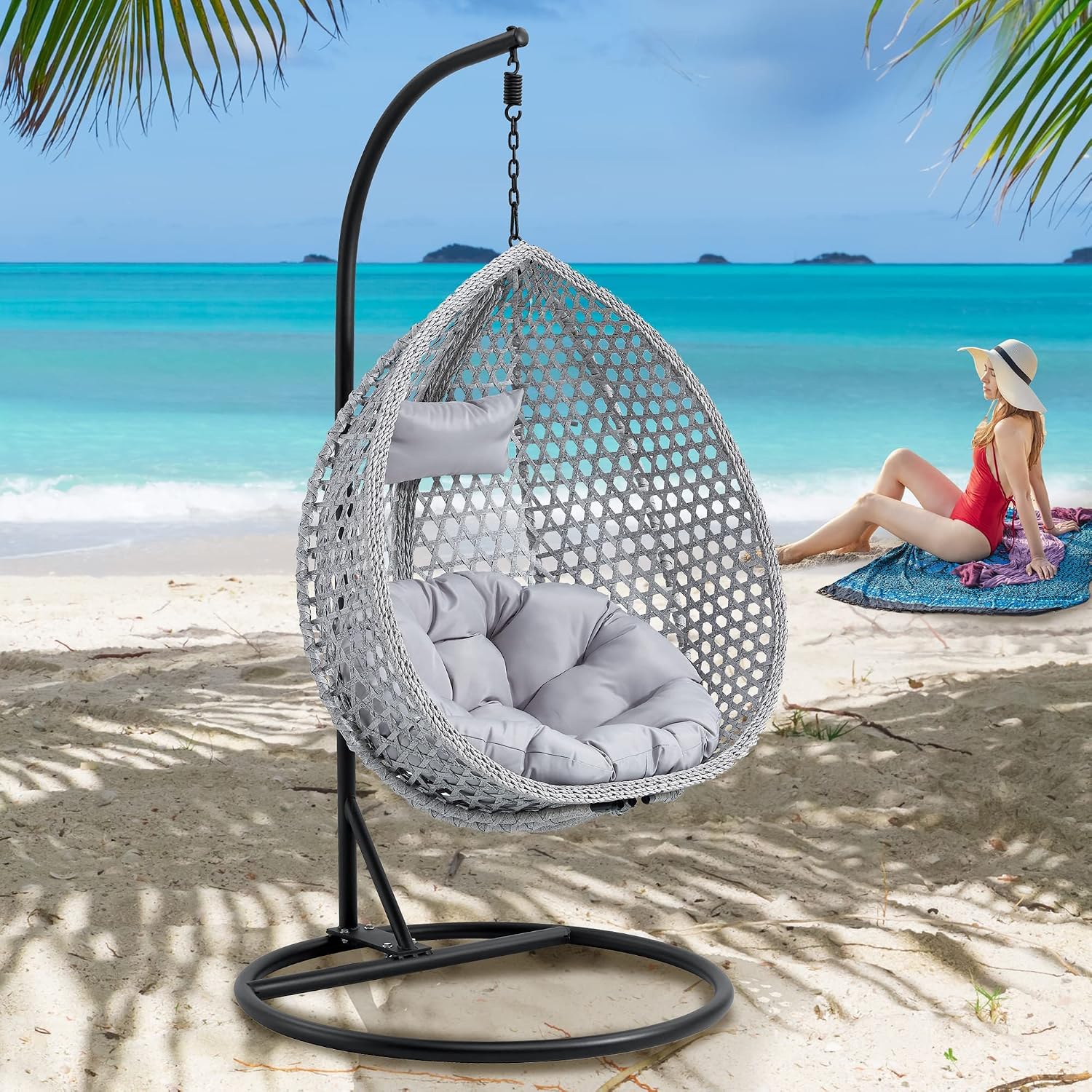 Egg Swing Chair with Stand,Grey Hanging Egg Chair with Stand, Rattan Swing Egg with Soft Cushion, Outdoor Hanging with Foldable Basket & Metal Stand for Bedroom Patio (Gray)