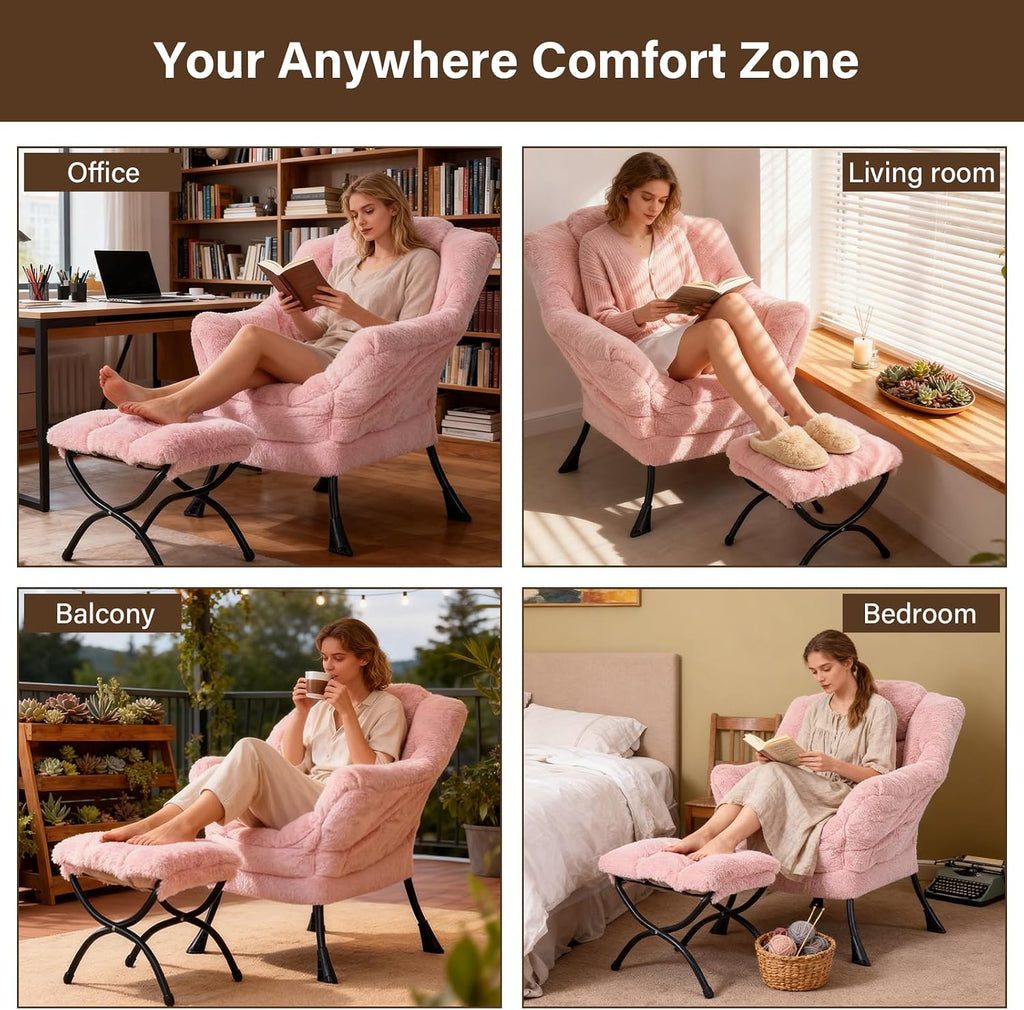 Welnow Lazy Chair with Ottoman, Modern Accent Chair with Armrests and a Side Pocket, Leisure Sofa Armchair Set, Reading Armchair with Footrest for Small Space, Plush Pink