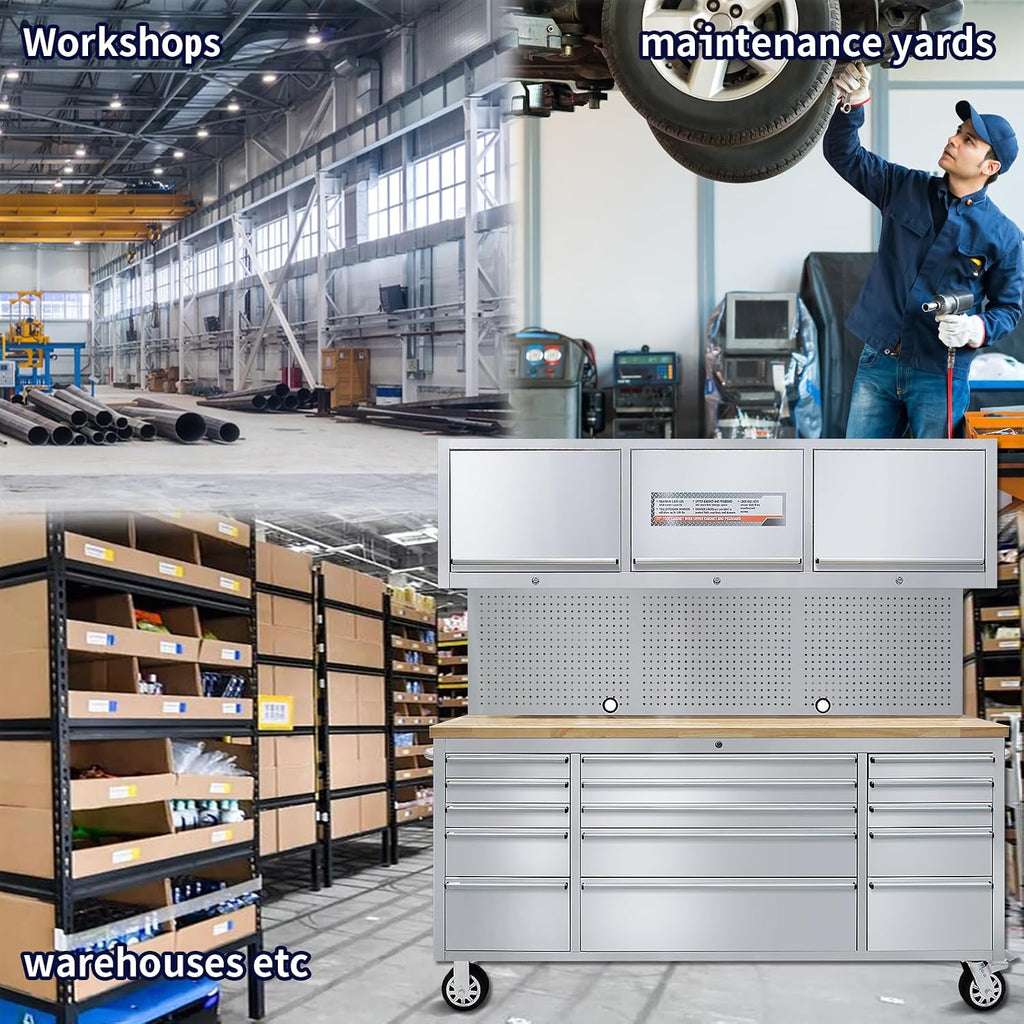 CHETTO C 72 inch Tool Chest Tool Box Mobile 15 Drawers Storage 3 Upper Cabinets SS-Pegboard Rolling Cabinet with Wheels Lock Key Locking System Drawer Liners for Garage Warehouse Repair Shop