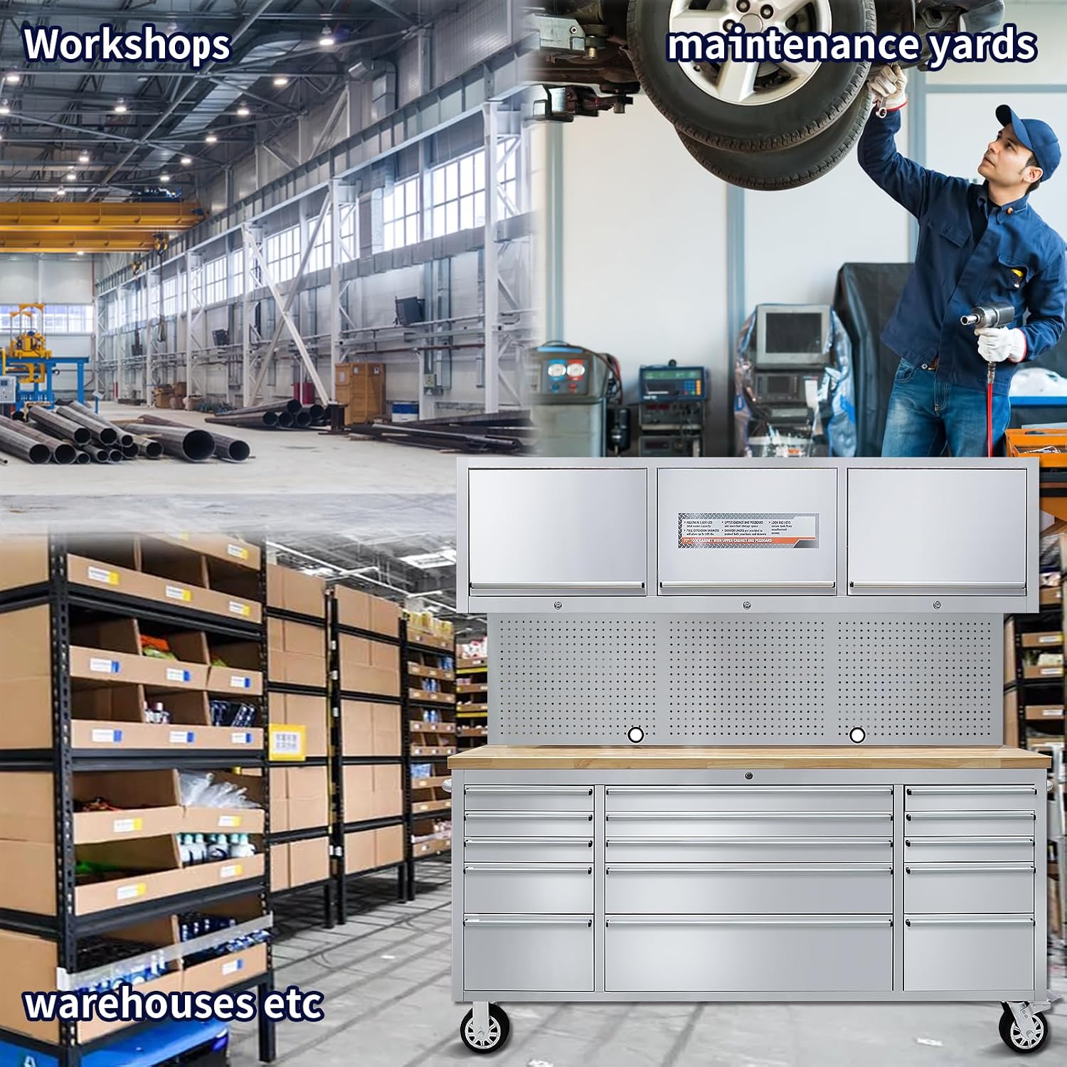 CHETTO C 72 inch Tool Chest Tool Box Mobile 15 Drawers Storage 3 Upper Cabinets SS-Pegboard Rolling Cabinet with Wheels Lock Key Locking System Drawer Liners for Garage Warehouse Repair Shop