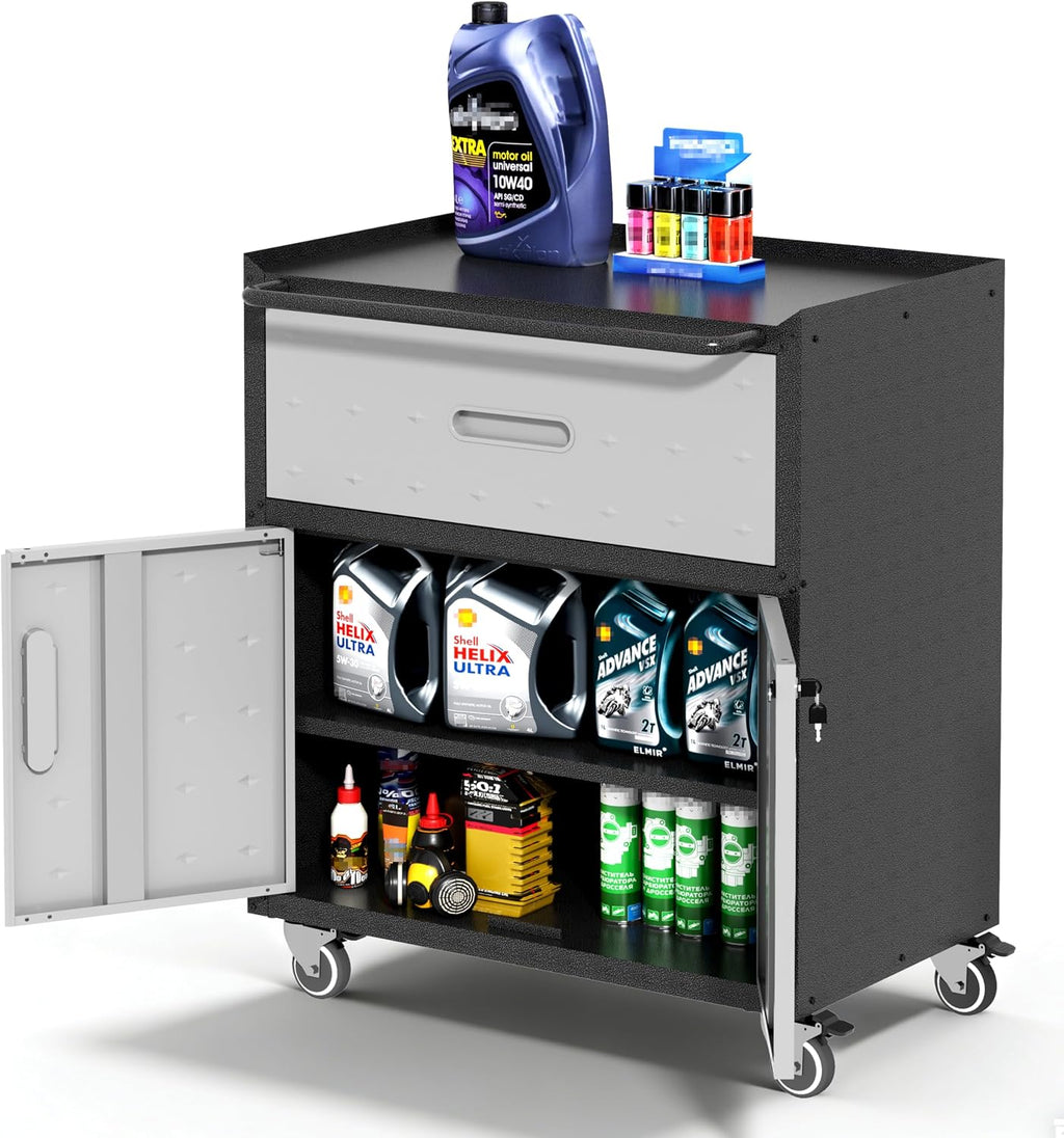 Garage Cabinets,Metal Garage Storage Cabinet with Wheels,Lockable Rolling Tool Cabinet with Drawer and Adjustable Shelves,Heavy Duty Tools Cabinet for Home Office Utility Room,Black/Grey