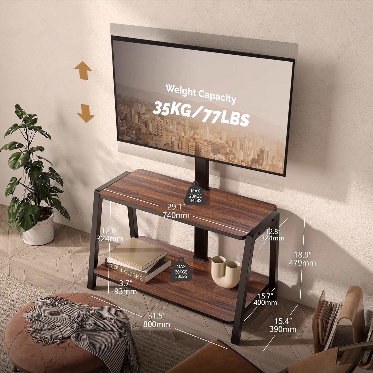 FITUEYES Wood TV Stand with Mount for 32-55 inch TVs, 2 Tier Entertainment Center with Storage for Bedroom & Corner, Tall Wooden TV Mount Stands & Metal Mount - Max Load 77lbs for Flat Screen