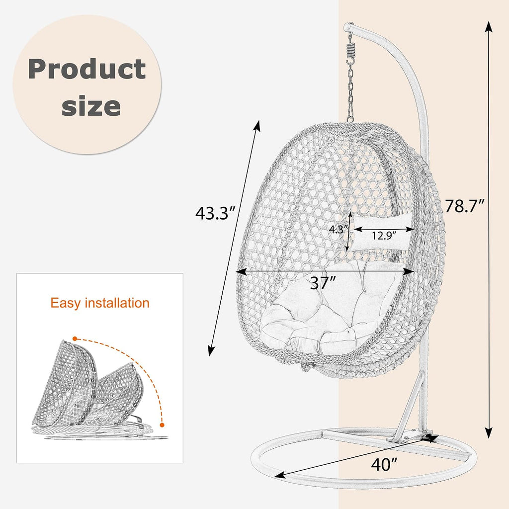 Hanging Egg Chair with Stand & Cushions, Outdoor and Indoor Hammock Rattan Swing Chair 350 lbs Capacity with Aluminum Steel Frame for Patio, Balcony, Backyard and Living Spaces (Light Brown)