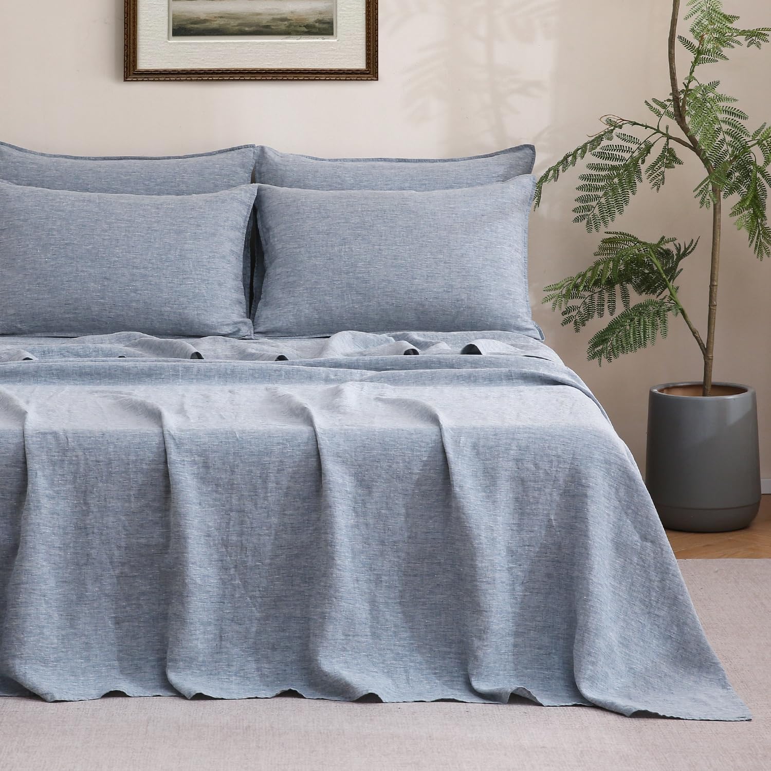S VICTORY SYMBOL 100% Organic Linen Chambray Sheets Set Twin XL Size,Washed Natural French Flax Bed Sheets 3 Pieces,16inch Deep Pocket Linen Bedding for Hot Sleepers,Yarn Dyed Blue Denim