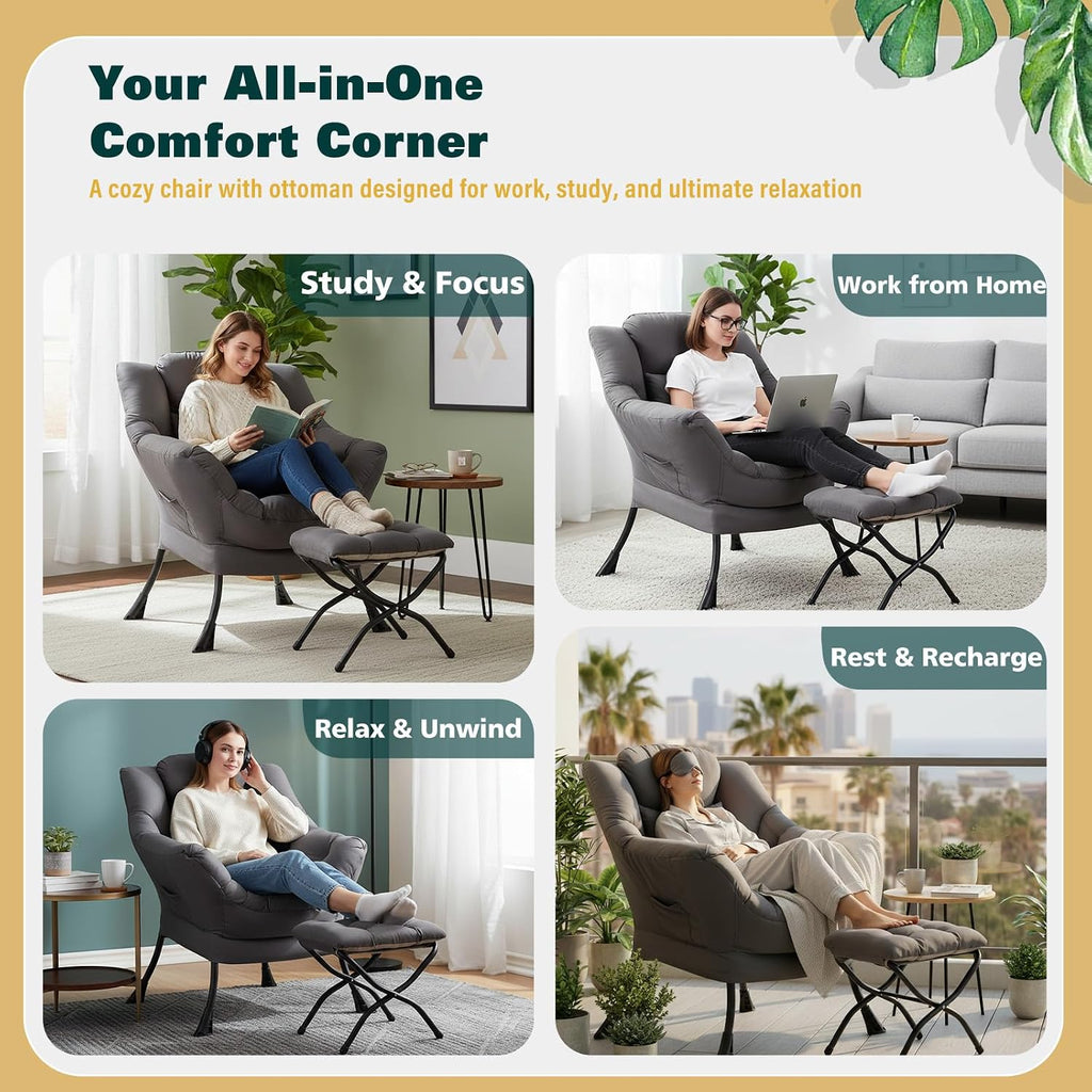 Lazy Chair with Ottoman, Large Accent Chair with Ottoman and a Throw Pillow, Dark Grey Reading Chair for Living Room Bedroom Dorm Room Office Apartment Relaxing Use