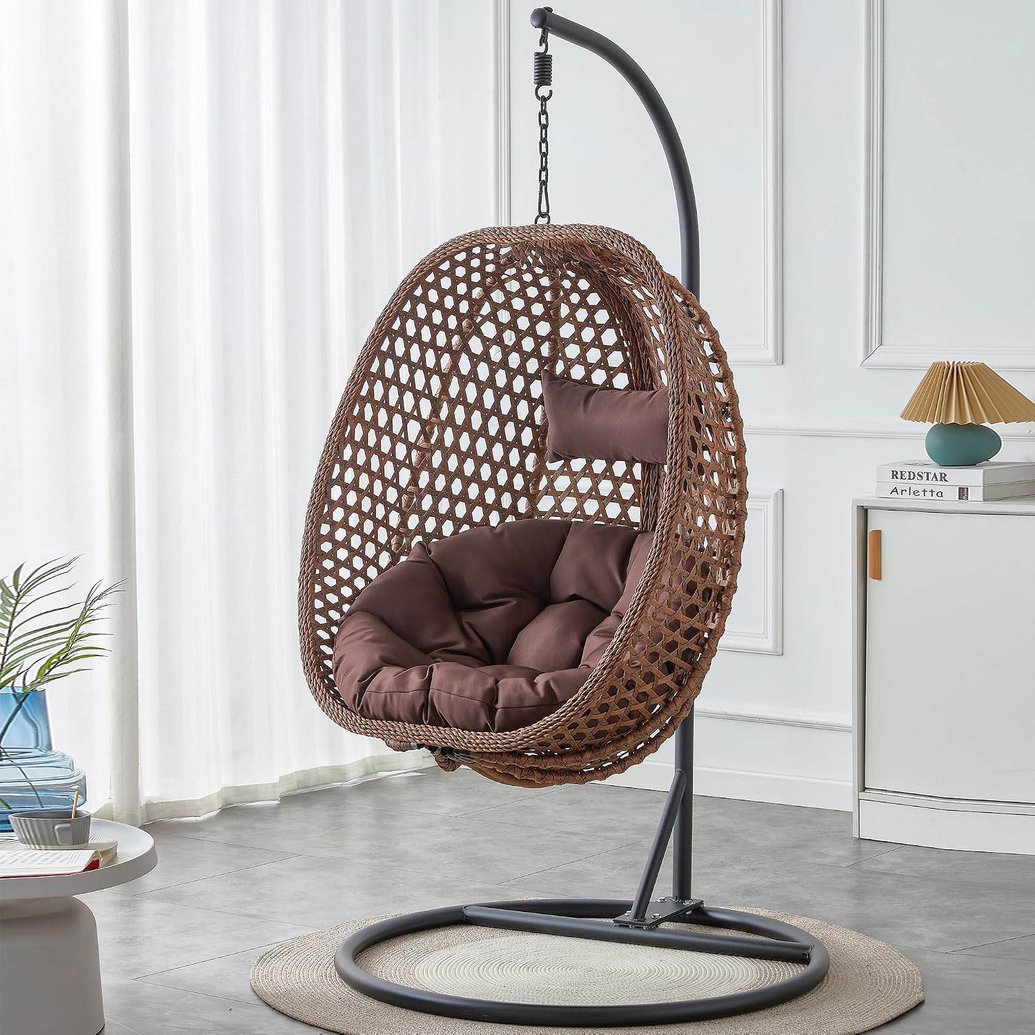 Swining Egg Chair with Stand,Wicker Rattan Hanging Egg Chairs, Patio Swing with UV Resistant Cushion, Outdoor Indoor Hanging with Foldable Basket & Metal Stand for Bedroom (Brown-S)