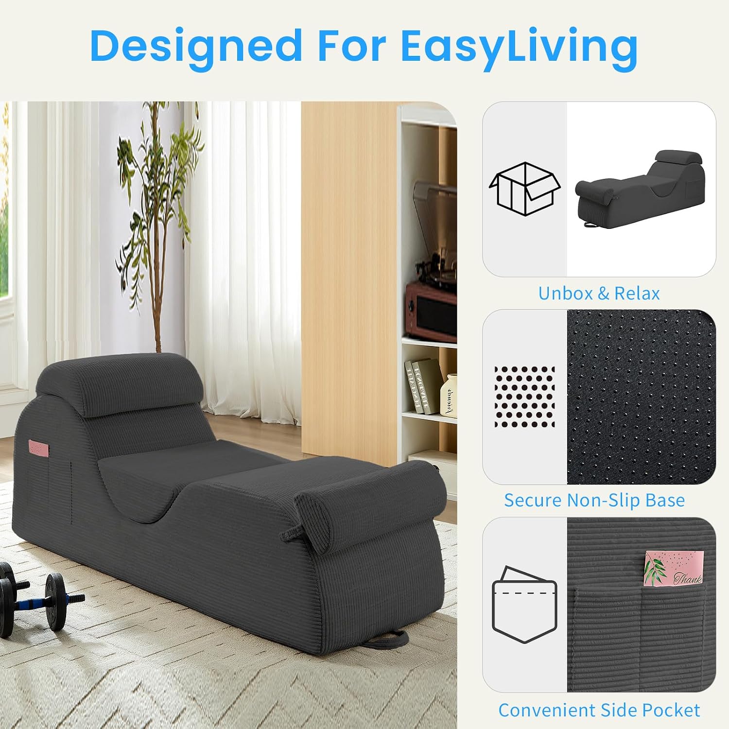 ijuicy 25' Wide Ergonomic Stretch Yoga Chair, Modern Floor Relax Chaise Lounge Chair with Adjustable Headrest, Waist Support Cushion, Movable Footrest & Side Pockets-Light Grey