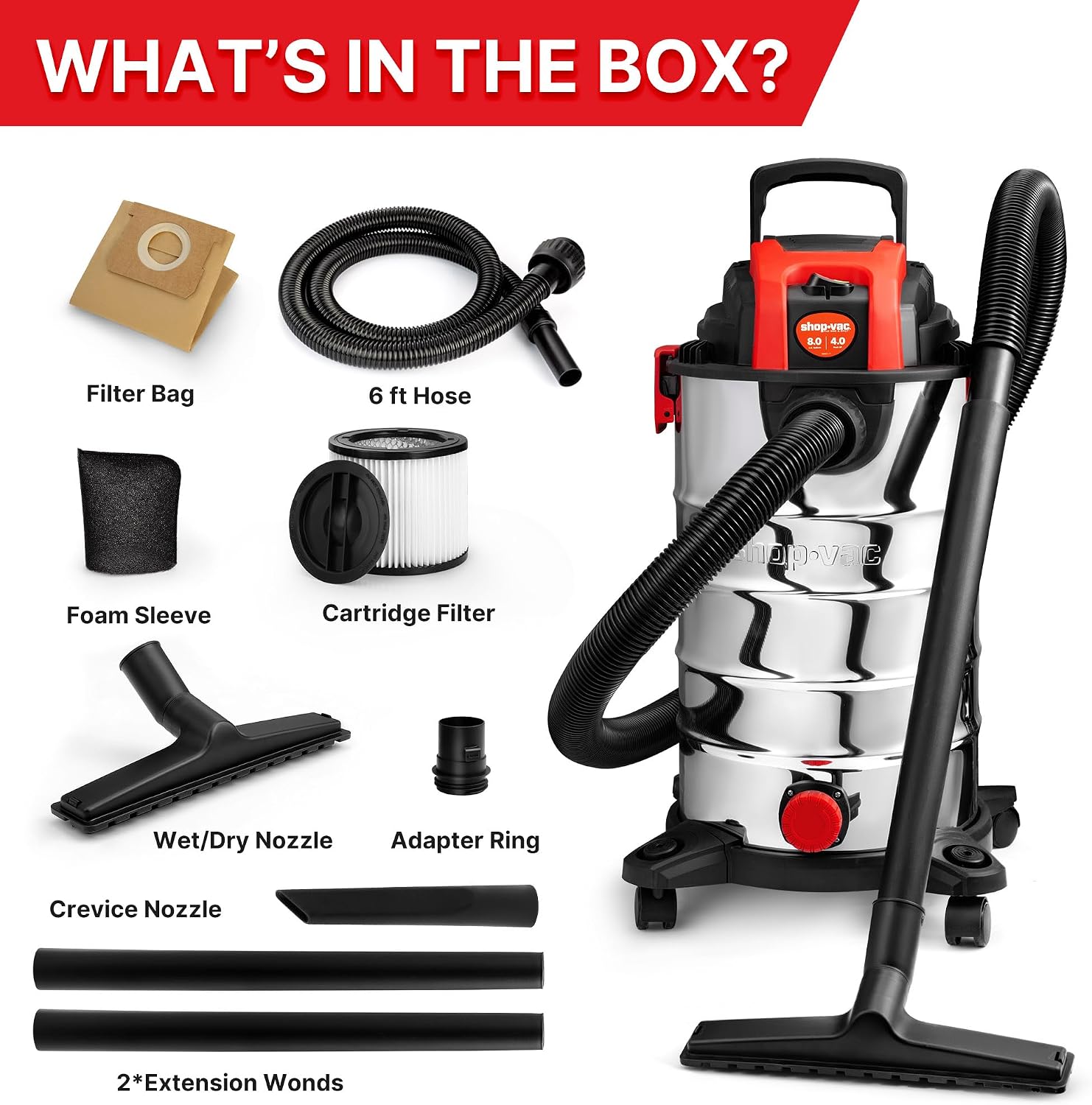 Shop-Vac 8 Gallon 4.0 HP Wet/Dry Vacuum with Blower Function, Stainless Steel Tank, Portable Shop Vacuum with Wheels, Includes Filters, Hose & Accessories, Ideal for Garage and Workshop