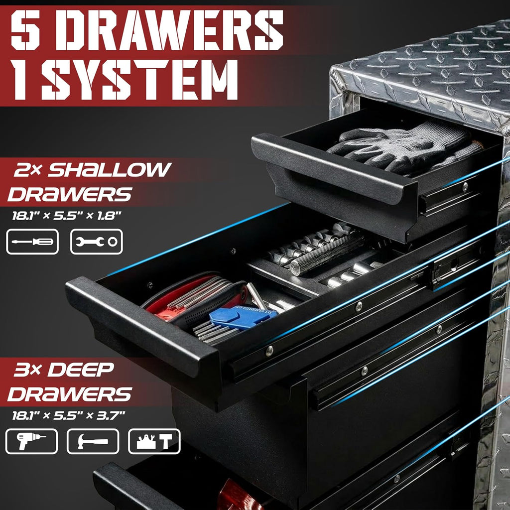 Truck Bed Tool Box with 5-Drawer Slides | Lockable Heavy-Duty Tool Chest Storage for Pickup, Jobsite & Side Trucks | 8-Inch Toolbox with Key (Silver Aluminum)