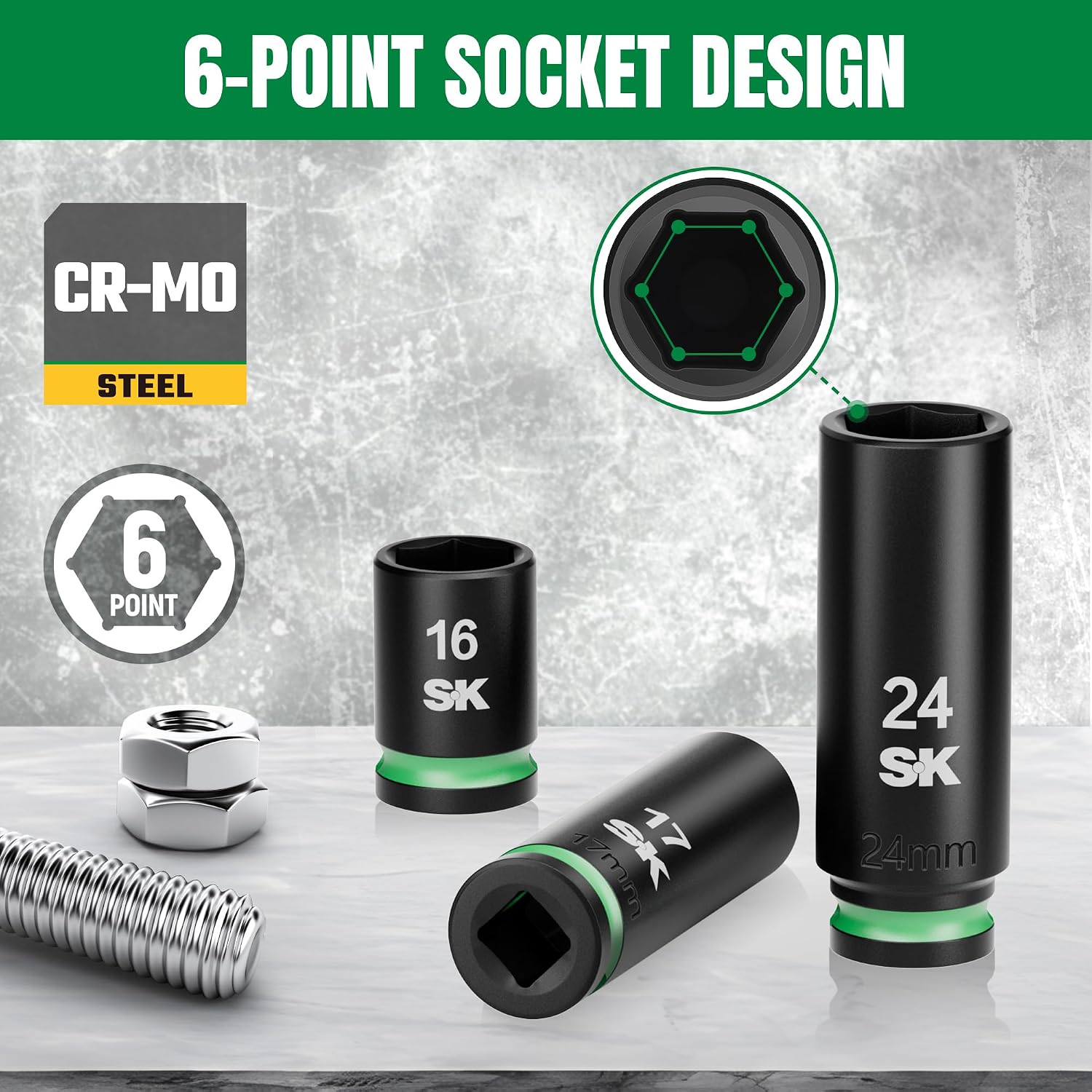 SK 1/2' Drive Impact Socket Set, 30-Piece Metric Sockets, Deep 10mm to 24mm, Shallow 8mm to 24mm, Premium CR-MO Steel, SureGrip 6 Point Design, With Storage Case