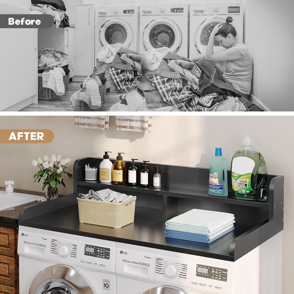 2-Tier Washer Dryer Countertop with 2.75'H Edge Rails, 54' W x 27.55' D Laundry Countertop for Folding Clothes, Washer and Dryer Topper with Non-Slip Pad (Black)