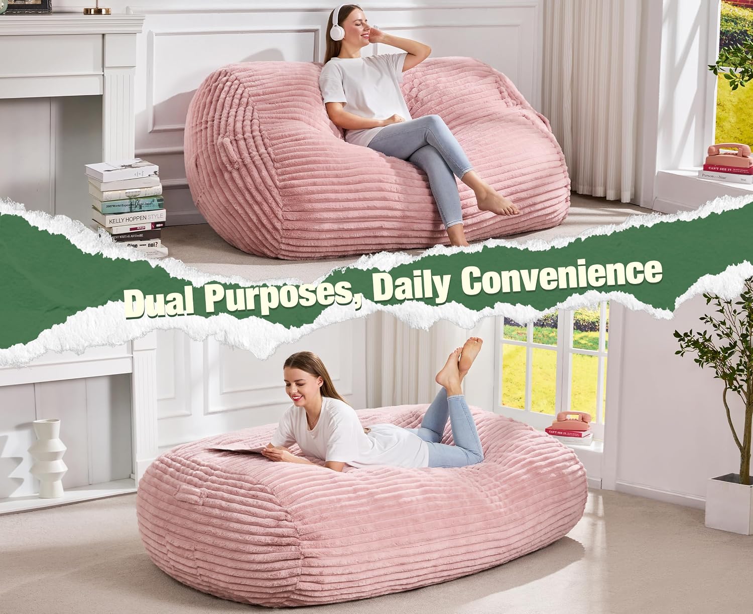 Hobestluk 5FT Bean Bag Chairs Adult Bean Bag with Portable Handle Comfy Large Bean Bag Lounge Chair with Removable Cover for Living Room Bedroom (Stripe Pink, 5FT)