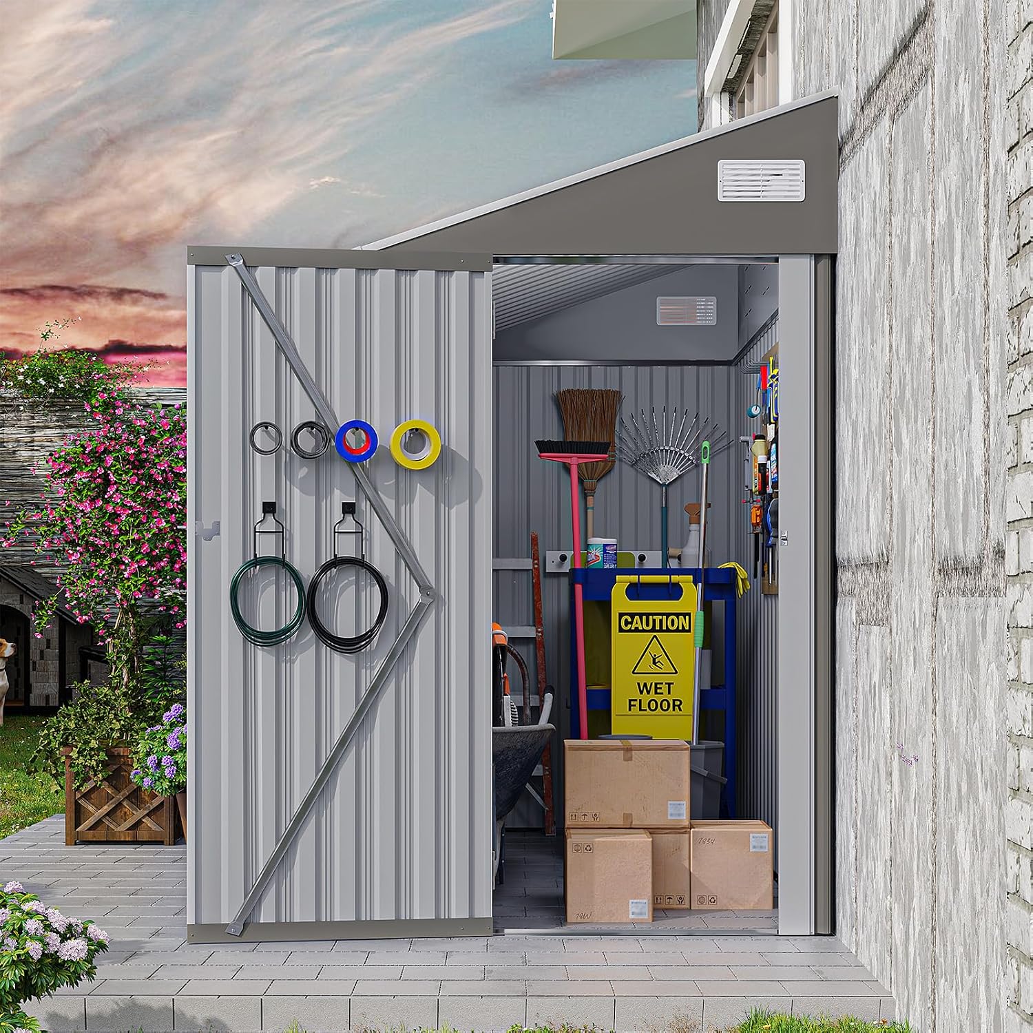 8 X 4 Ft Outdoor Storage Shed, Metal Garden Tool Shed with Lockable Door, Outdoor Door Storage Cabinet for Patio, Garage, Poolside, Bikes, and Garden (Gray)