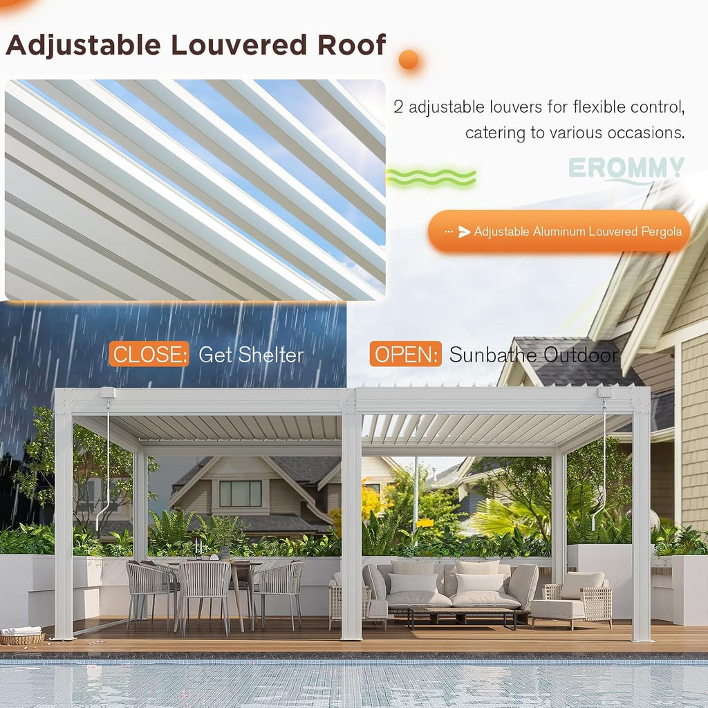 EROMMY 12x20 Louvered Pergola with Side Pull-Down Screen, Outdoor Aluminum Pergola with Thickened Frame and Adjustable Metal Rainproof Roof for Deck Patio Garden Yard, White