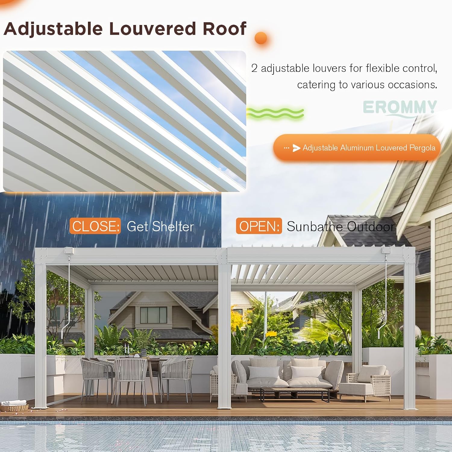 EROMMY 12x20 Louvered Pergola with Side Pull-Down Screen, Outdoor Aluminum Pergola with Thickened Frame and Adjustable Metal Rainproof Roof for Deck Patio Garden Yard, White