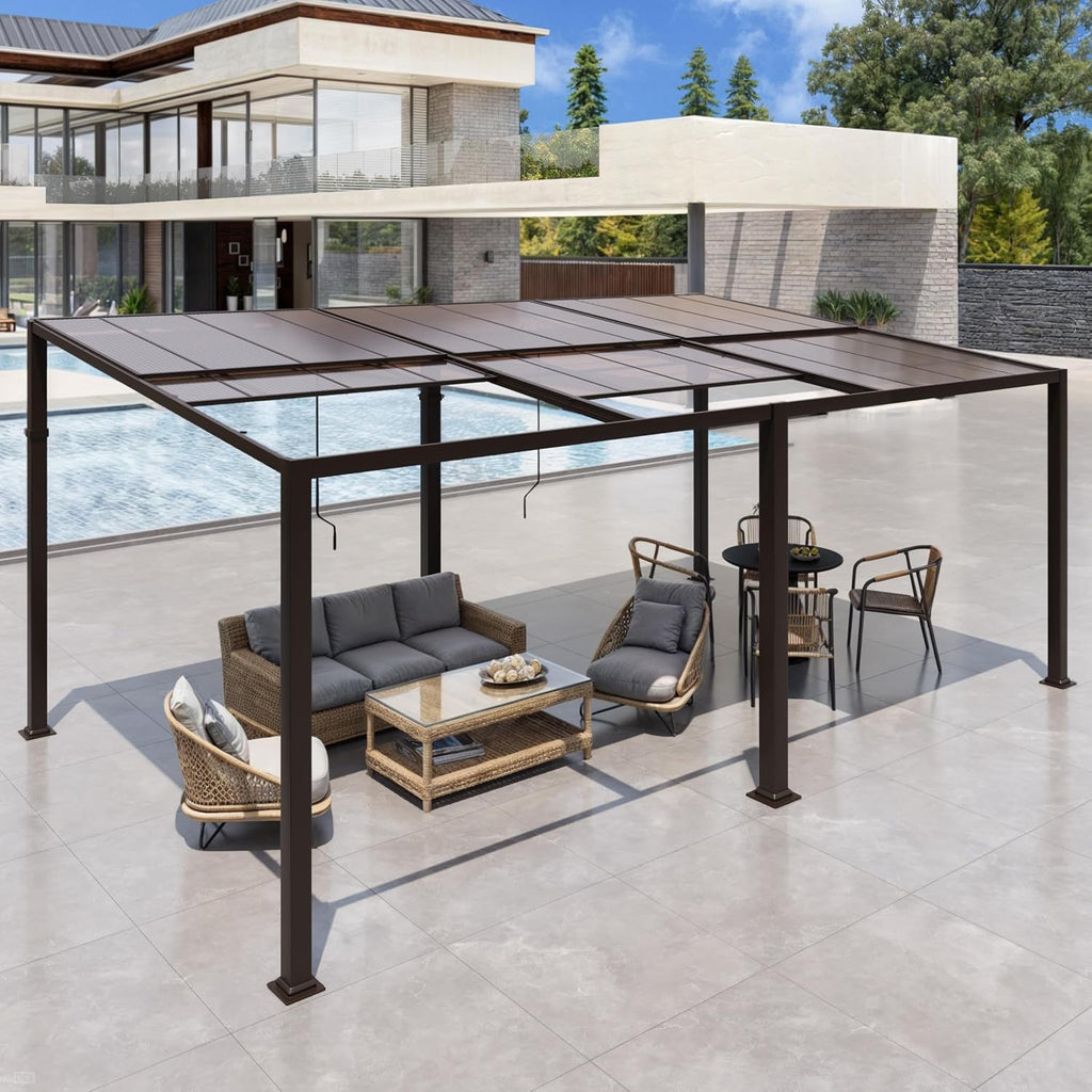 Gazebo 12x20 with Adjustable Polycarbonate Roofs, All Aluminum Frame Permanent Pergola for Patio, Outdoor Freestanding Shelter, Dark Brown