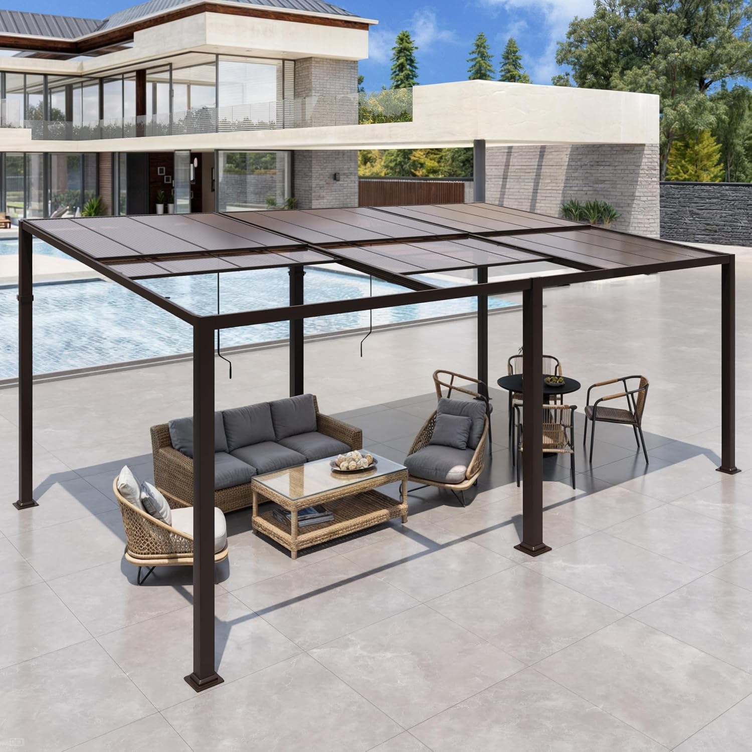 Gazebo 12x20 with Adjustable Polycarbonate Roofs, All Aluminum Frame Permanent Pergola for Patio, Outdoor Freestanding Shelter, Dark Brown