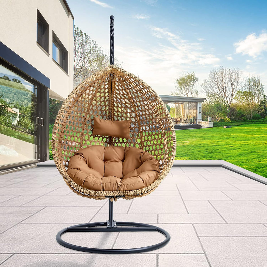 Egg Swing Chair with Stand,Swing Egg Chair with Stand, Rattan Hanging Egg with Soft Cushion, Outdoor Hanging with Foldable Basket & Metal Stand for Bedroom Patio (Light Brown)