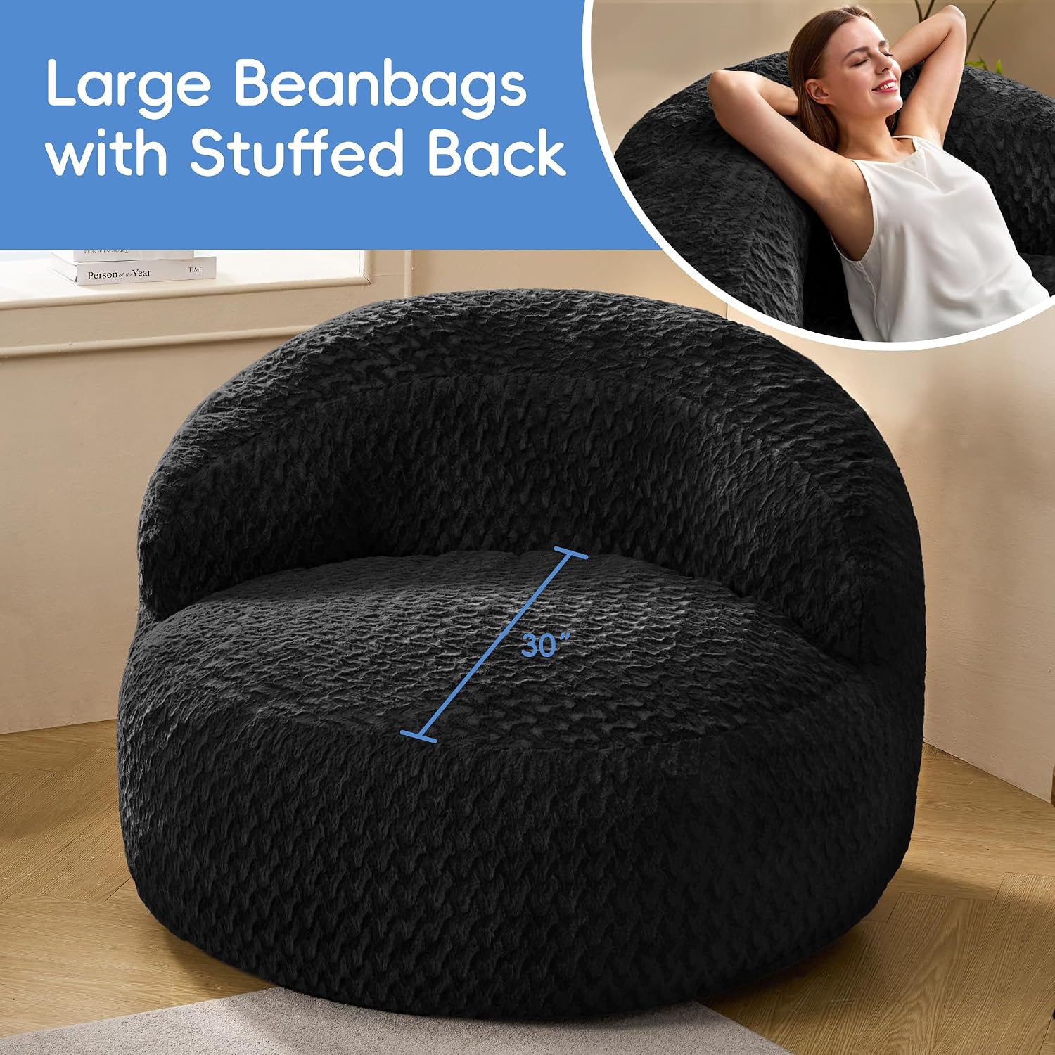 Hobestluk Bean Bag Chair Giant Bean Bag Chairs for Adults Big Bean Bag Chair with Memory Foam Filler Adults Large Beanbag with Faux Fur Cover for Bedroom (Chevron Black,Oversize)