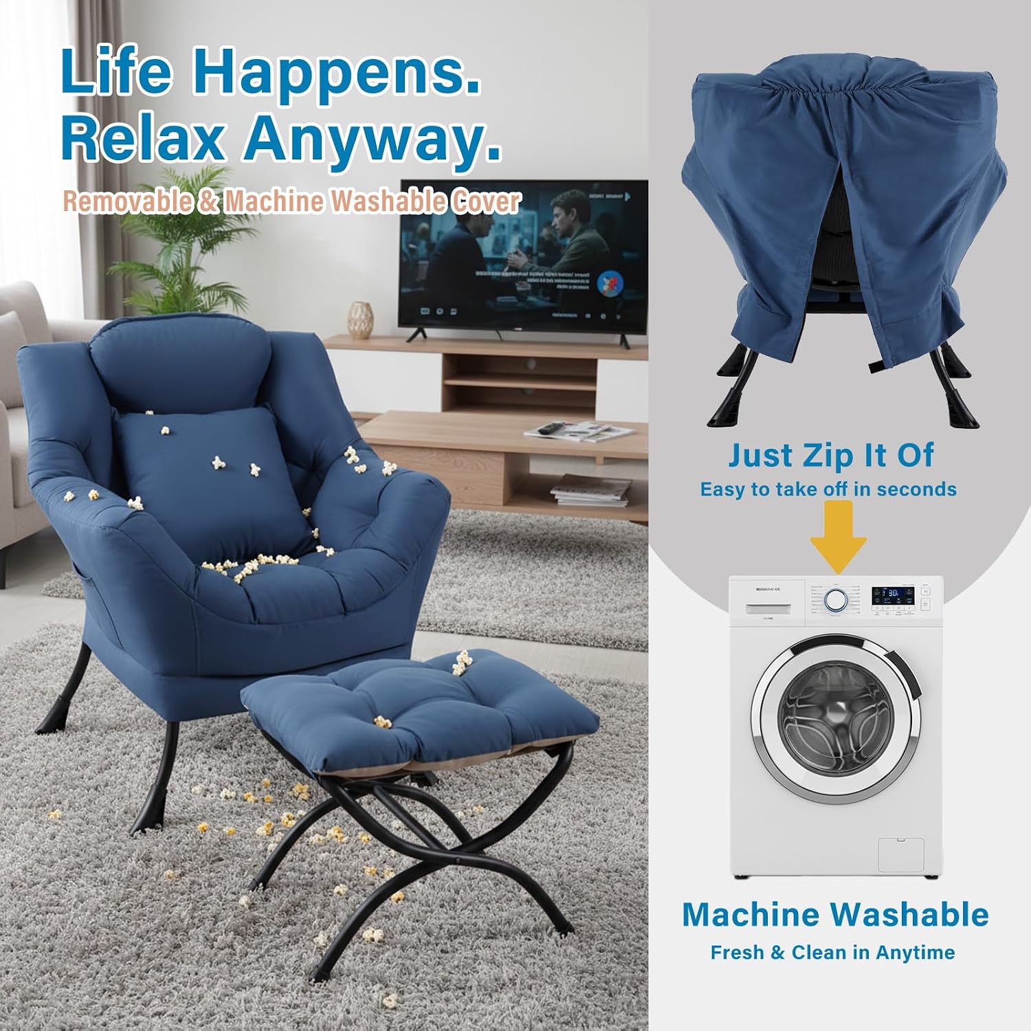 Lazy Chair with Ottoman, Reading Chair with a Pillow, Leisure Sofa Armchair with Ottoman, Large Accent Chair for Bedroom, Living Room, Dorm Room, Peach Royal Blue