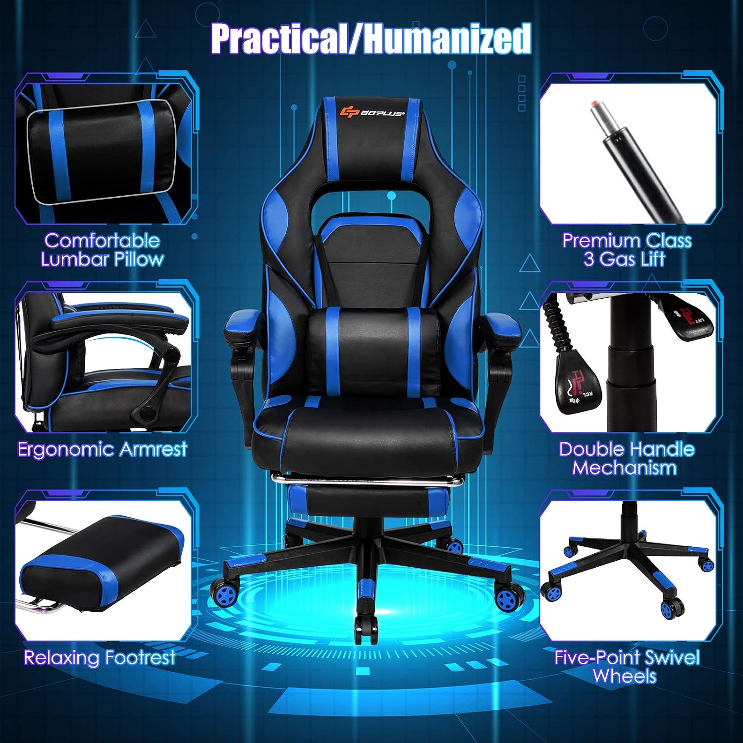 POWERSTONE Gaming Chair Adjustable High Back PU Computer Chair with Footrest Massage Lumbar Support Headrest Thick Armrest Rolling Swivel Desk Chair, Navy Blue