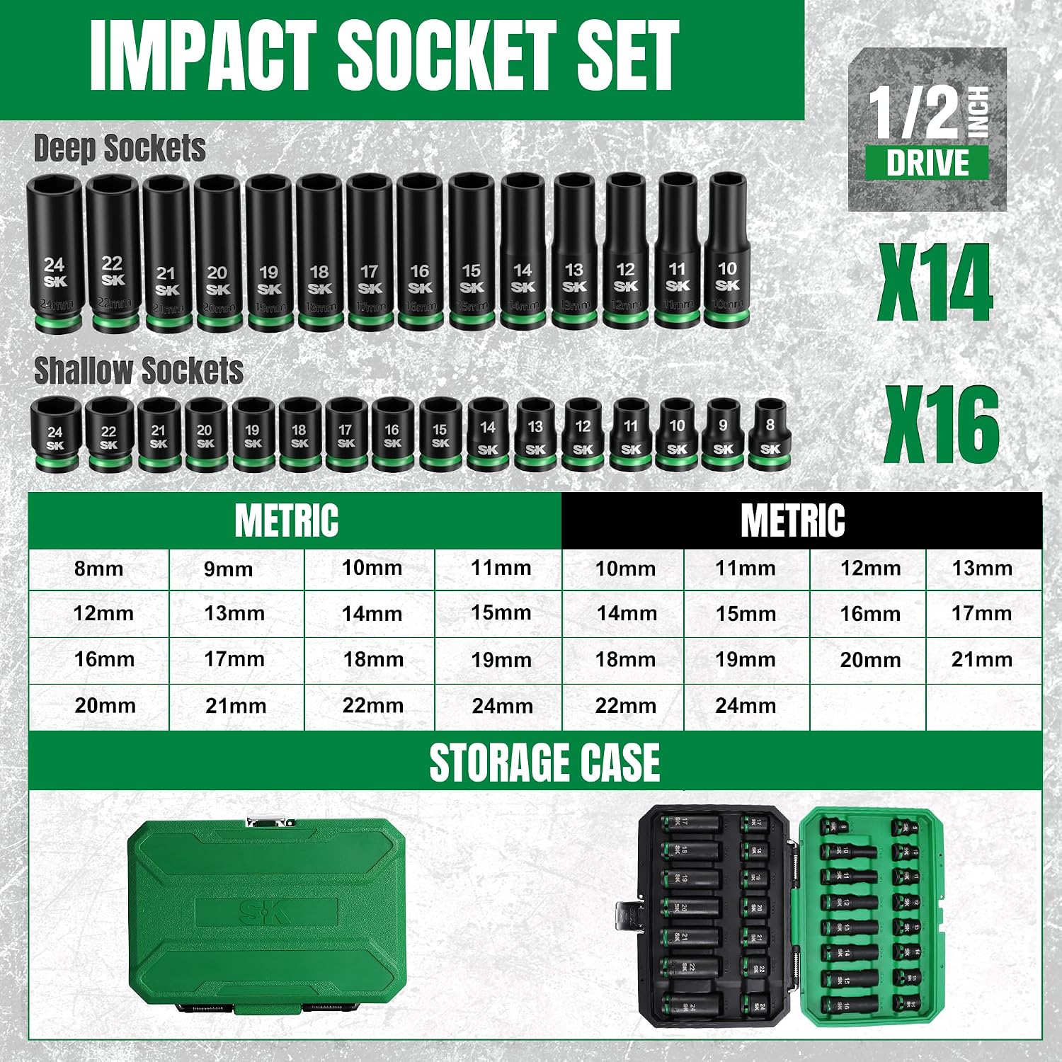 SK 1/2' Drive Impact Socket Set, 30-Piece Metric Sockets, Deep 10mm to 24mm, Shallow 8mm to 24mm, Premium CR-MO Steel, SureGrip 6 Point Design, With Storage Case