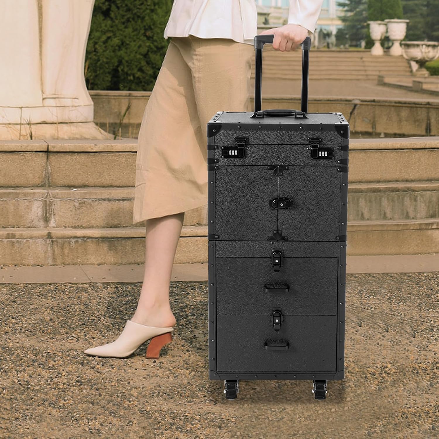 Rolling Lockable Makeup Train Case, Cosmetology Case on Wheels Hairstylist Traveling Bag with Hairdryer Holder, Salon Storage Toolbox with Carry Handle and Trolley (Pure Black)