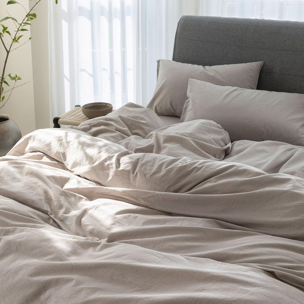 Oversized King Plus Cooling Duvet Cover Set - 3 Piece 100% Cotton Bedding, Breathable, Crisp Linen-Like Texture, Naturally Soft & Gets Better，Hidden Zipper & Corner Ties – Beige Grey,128'x120'