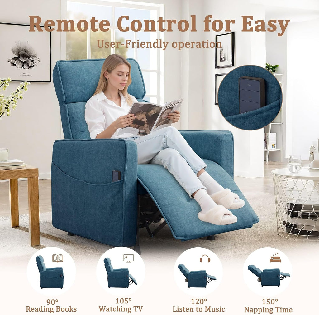 Korser Power Recliner Chair for Adults, Electric Recliner Chairs for Living Room, Comfy Recliners Cashmere Reclining Chair with One-Touch Adjustment & Side Pockets for Reading, Bedroom, Lounge, Blue