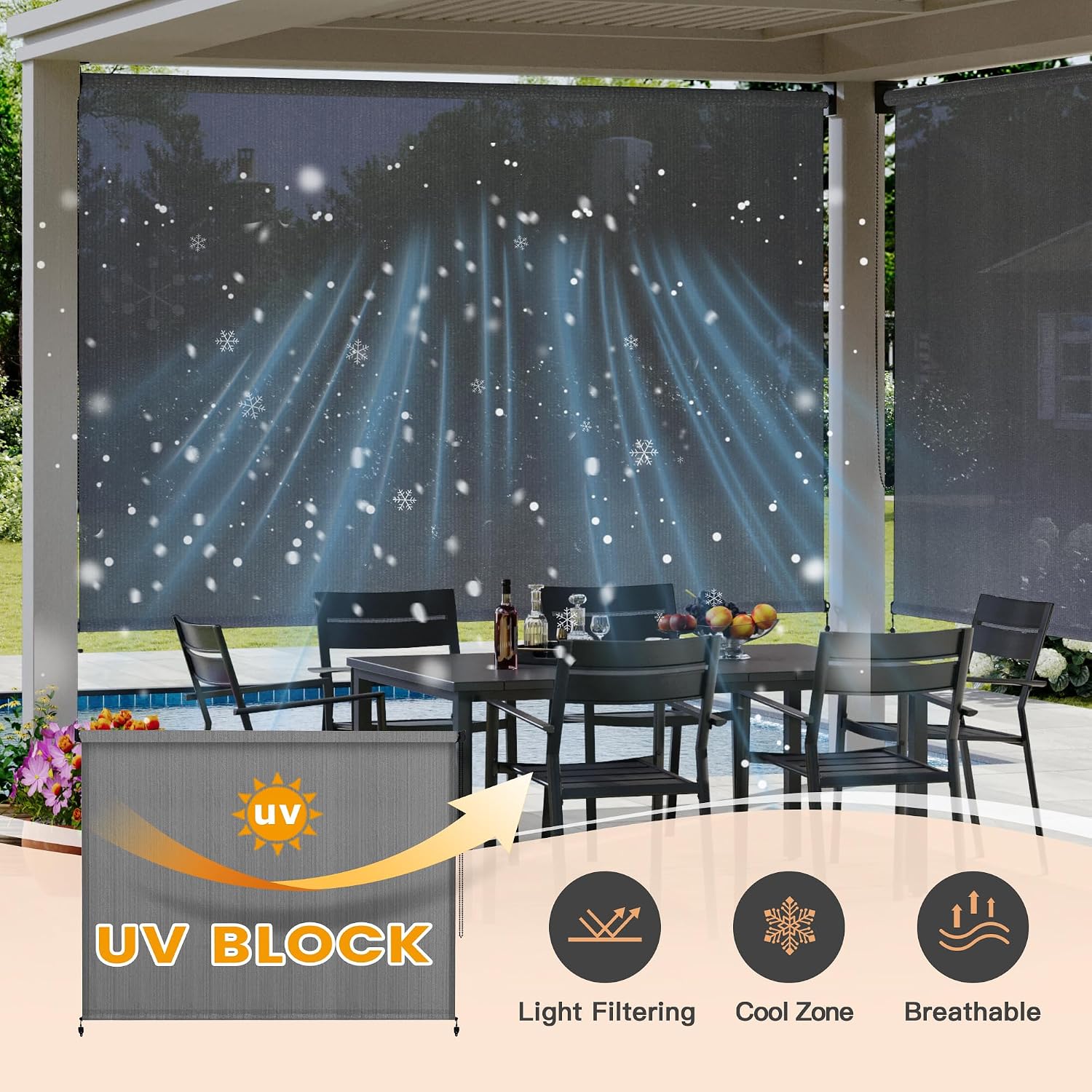 VICLLAX Outdoor Roller Shade (10' W×8' L), Patio Corded Roller Blinds, Exterior Roll Up Shade with Spliced Design for Patio Porch Gazebo, Grey