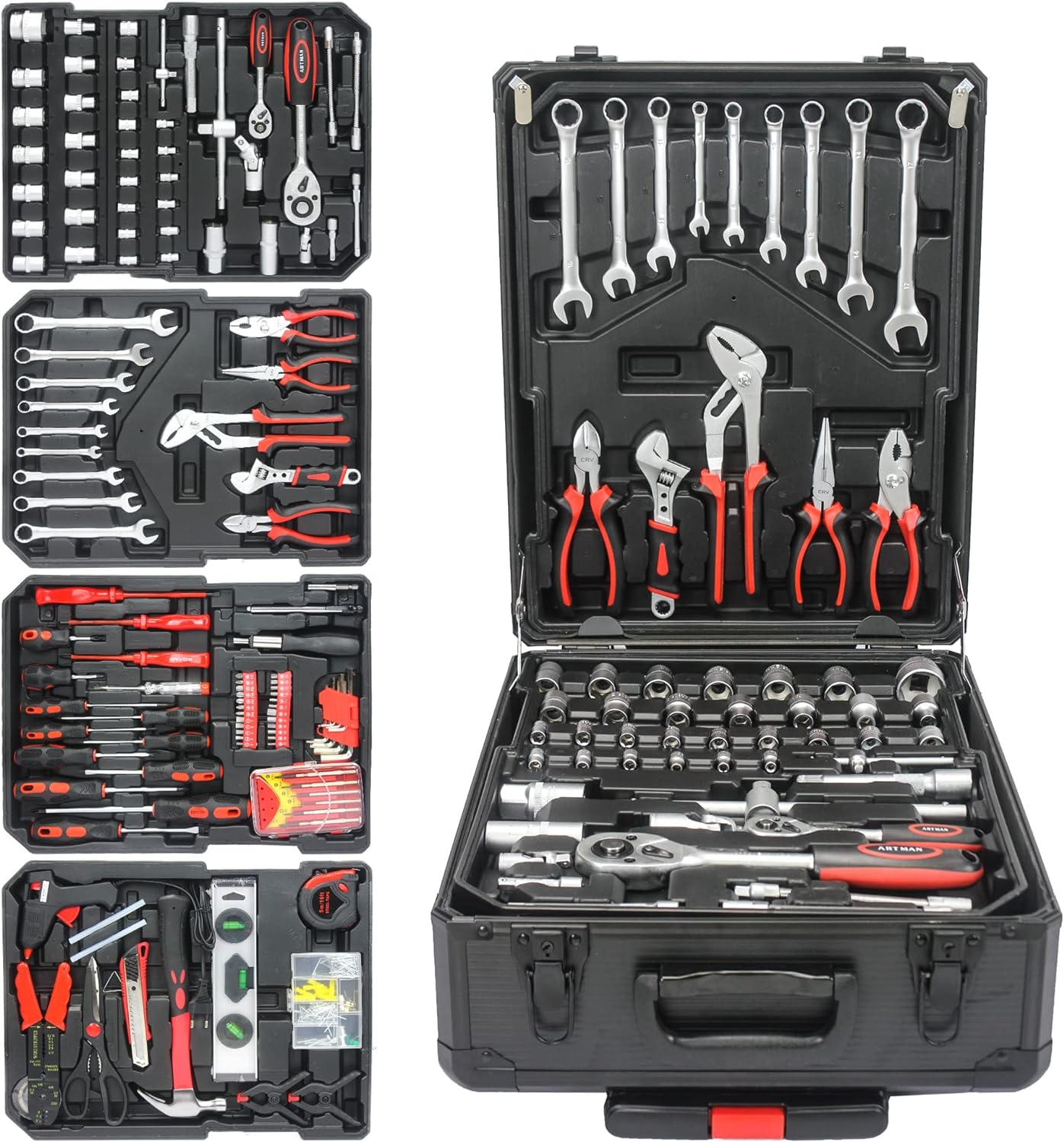 899pcs Artman Tool Set Tool Set Mechanics Kit, General Household Hand Tool Set for Home, Rolling Tool Box with Wheels - Perfect for Craftsman, Diyer, Handyman (Black)