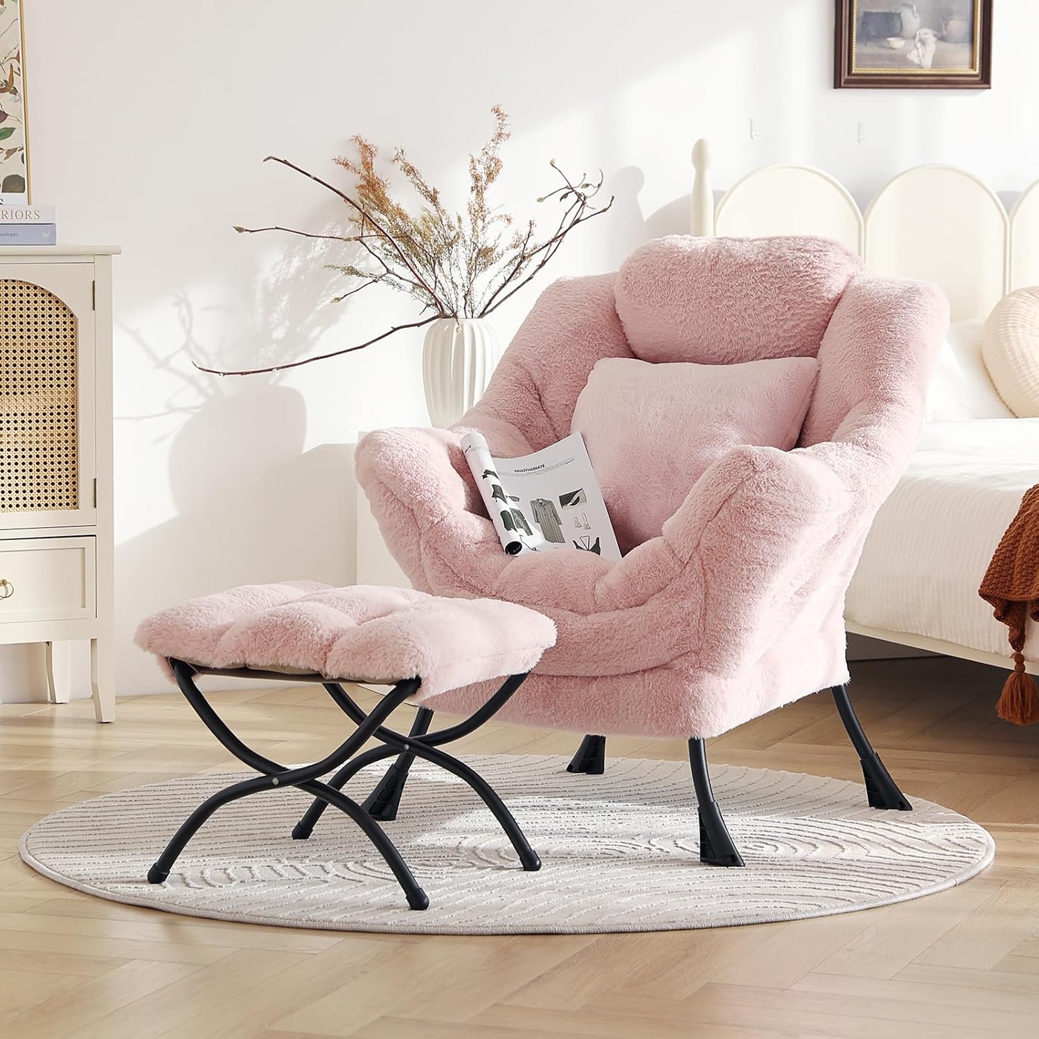 Lazy Chair with Ottoman, Large Pink Accent Chair with Ottoman and FA Throw Pillow, Comfy Plush Reading Chair for Living Room Bedroom Dorm Room Office Apartment Relaxing Use