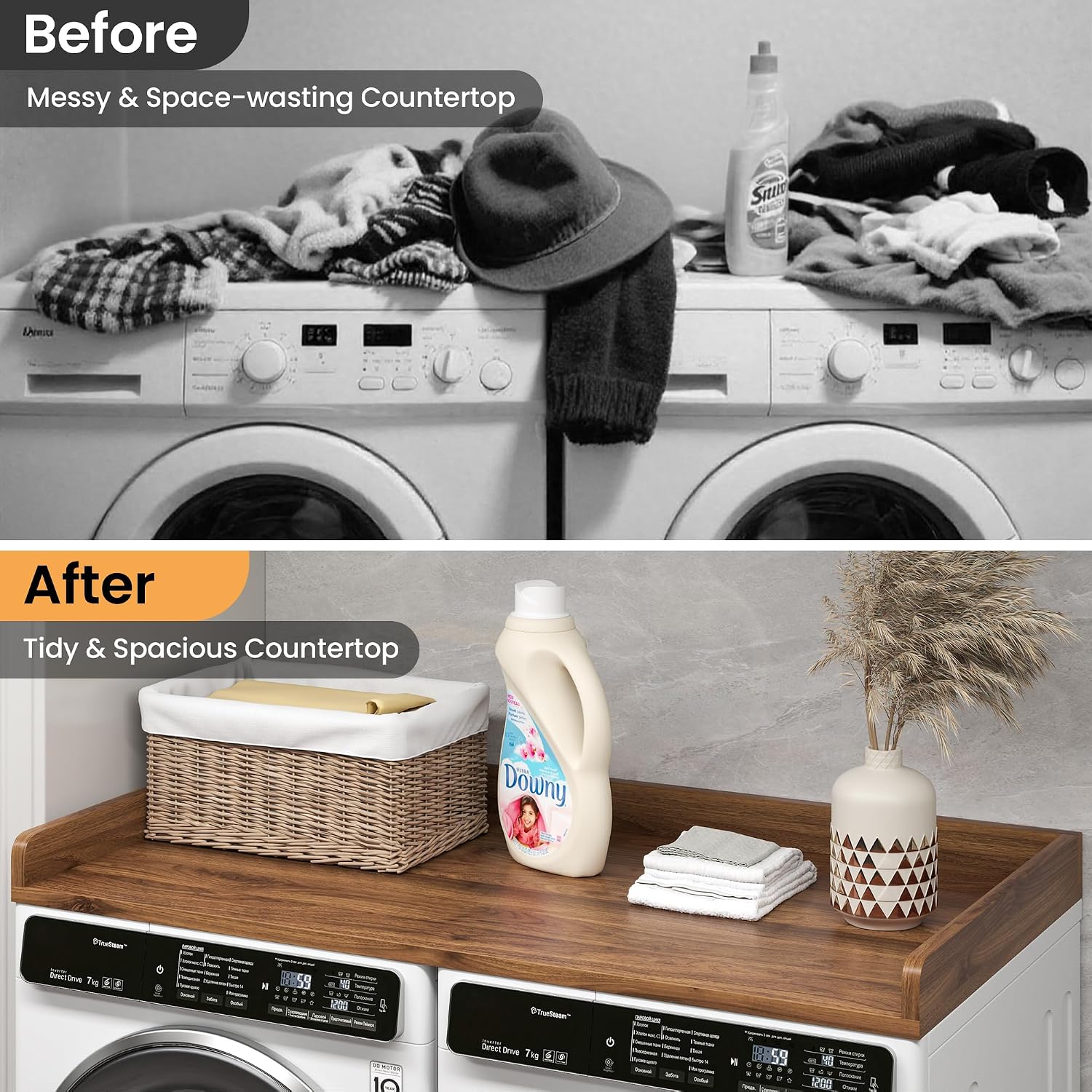 Washer Dryer Countertop, 27.5'x54' Wood Washer and Dryer Countertop with 2.95' Edge Rails, Laundry Machine Topper with Rounded Corner for Laundry Room Organization and Storage, Walnut