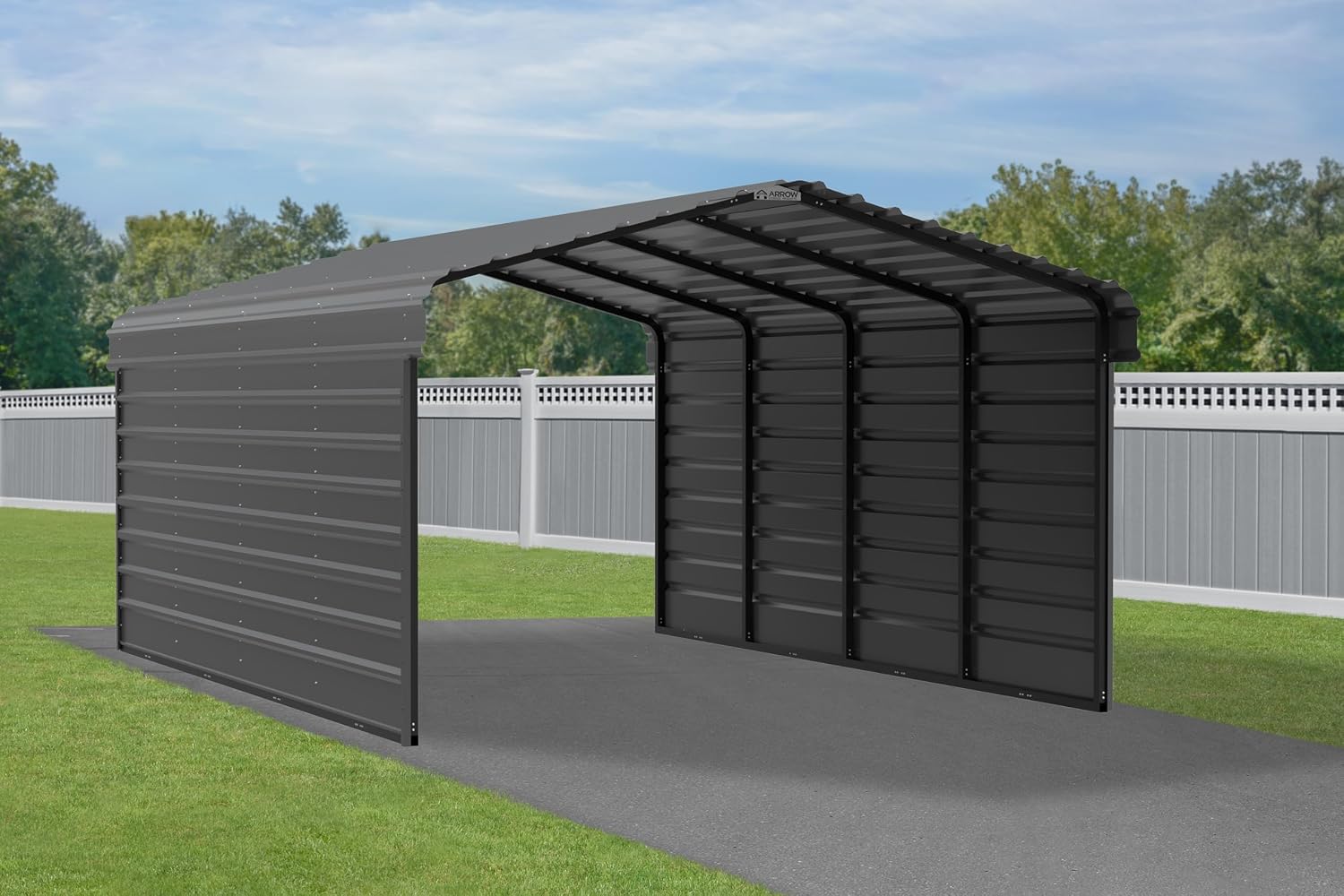 Arrow Carports Galvanized Steel Carport, with 2-Sided Enclosure, Compact Car Metal Carport Kit, 12' x 20' x 7', Charcoal