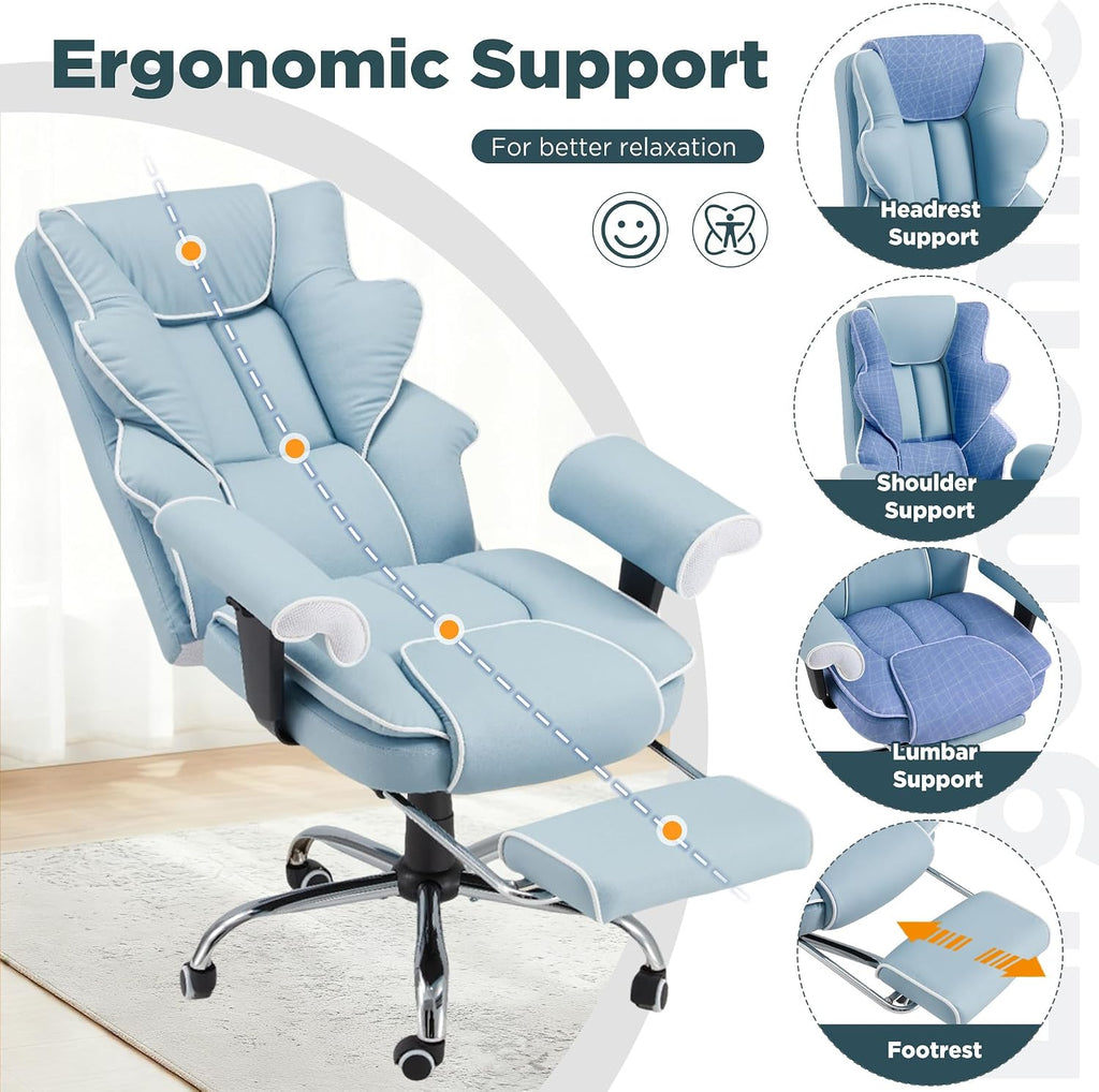HOMREST Ergonomic Executive Office Chair with 6-Point Vibration & Heat - Reclining Managerial Chair with Adjustable Footrest and Armrests,Big and Tall Leather Home Office Desk Chairs(Airy Blue)