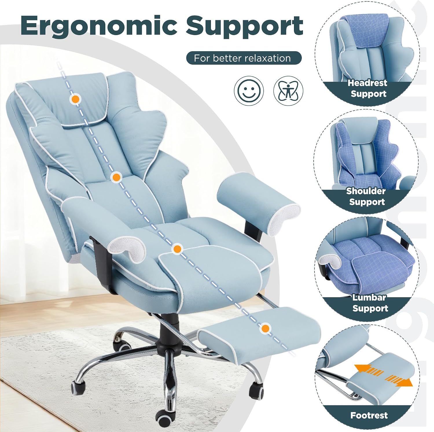 HOMREST Ergonomic Executive Office Chair with 6-Point Vibration & Heat - Reclining Managerial Chair with Adjustable Footrest and Armrests,Big and Tall Leather Home Office Desk Chairs(Airy Blue)