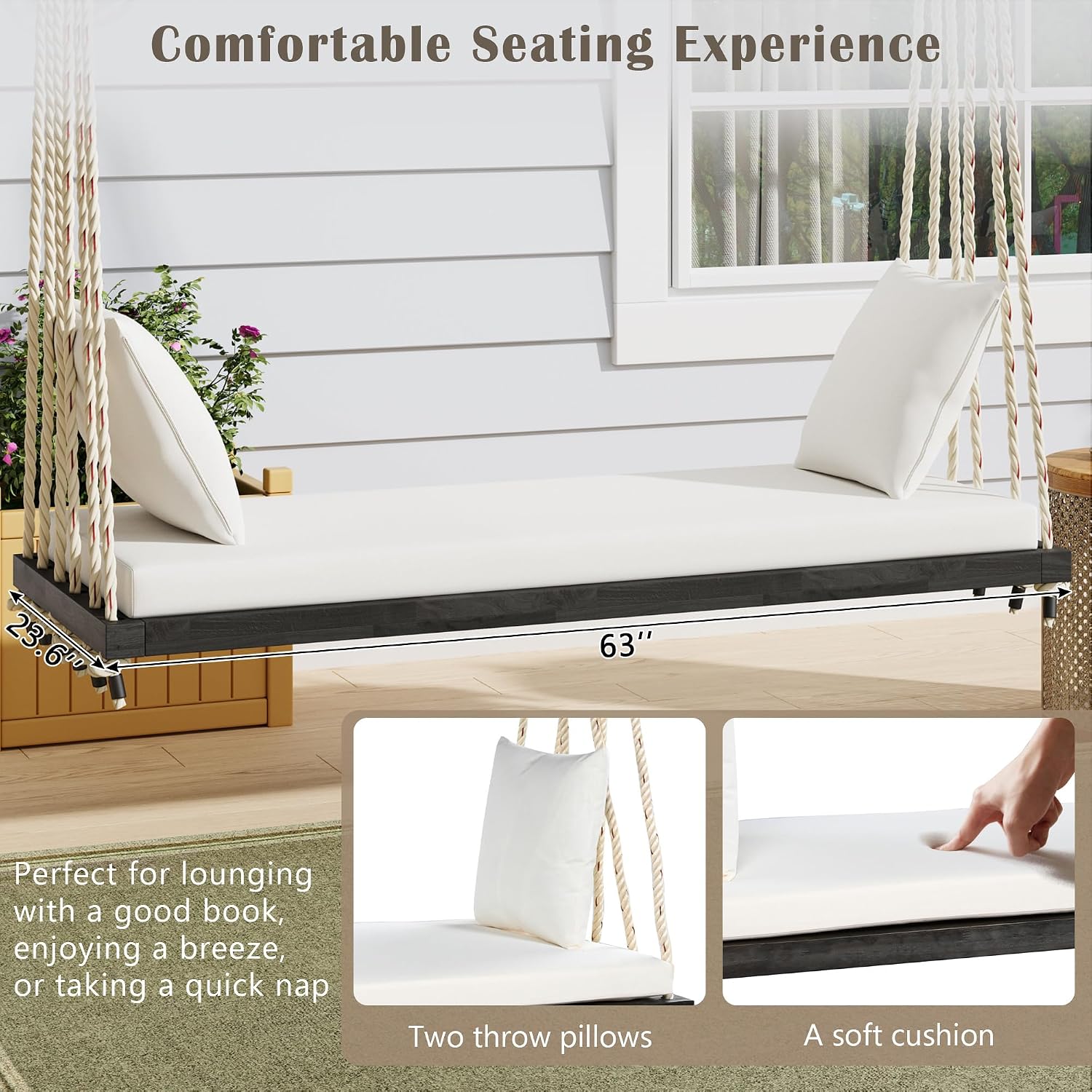 Merax Outdoor Patio Wooden Swing Chair, 2-Seat Hanging Porch Hammock Bench with Cushion & Pillows, 10.8Ft Hemp Ropes for Garden, Backyard, Lawn, Brown