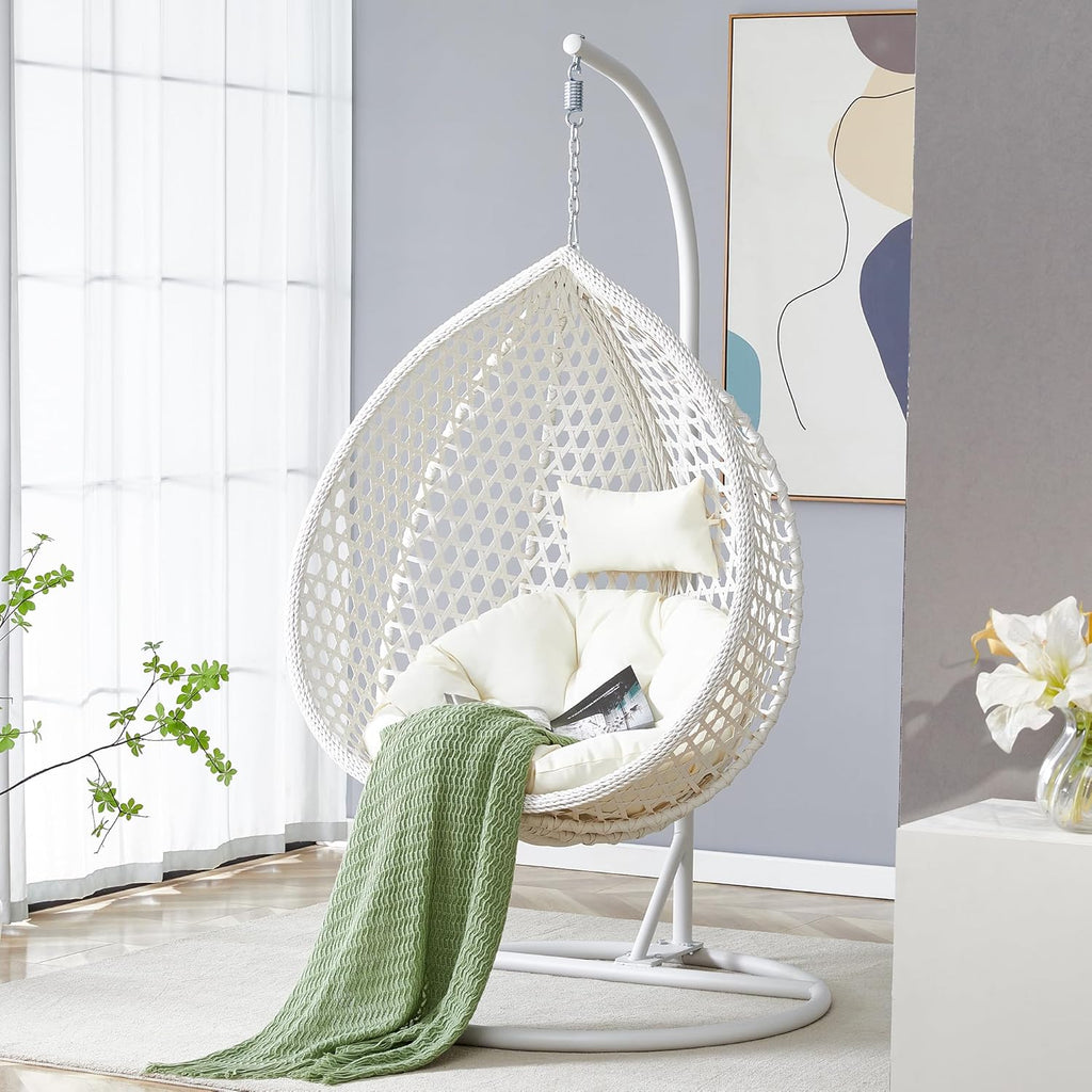 Egg Swing Chair with Stand,White Swing Egg Chair with Stand, Rattan Hanging Egg with Soft Cushion, Outdoor Hanging with Foldable Basket and Metal Stand for Bedroom Patio
