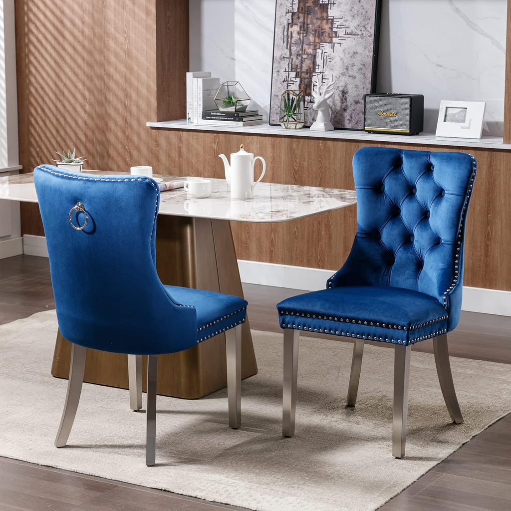 Ball & Cast Contemporary Upholstered Dining Chairs Set of 2, Velvet Button Tufted Kitchen Side-Chairs with Hang Ring & Nailhead Trims & Chrome Solid Wood Legs, 2-Piece Traditional Chair, Chrome+Blue