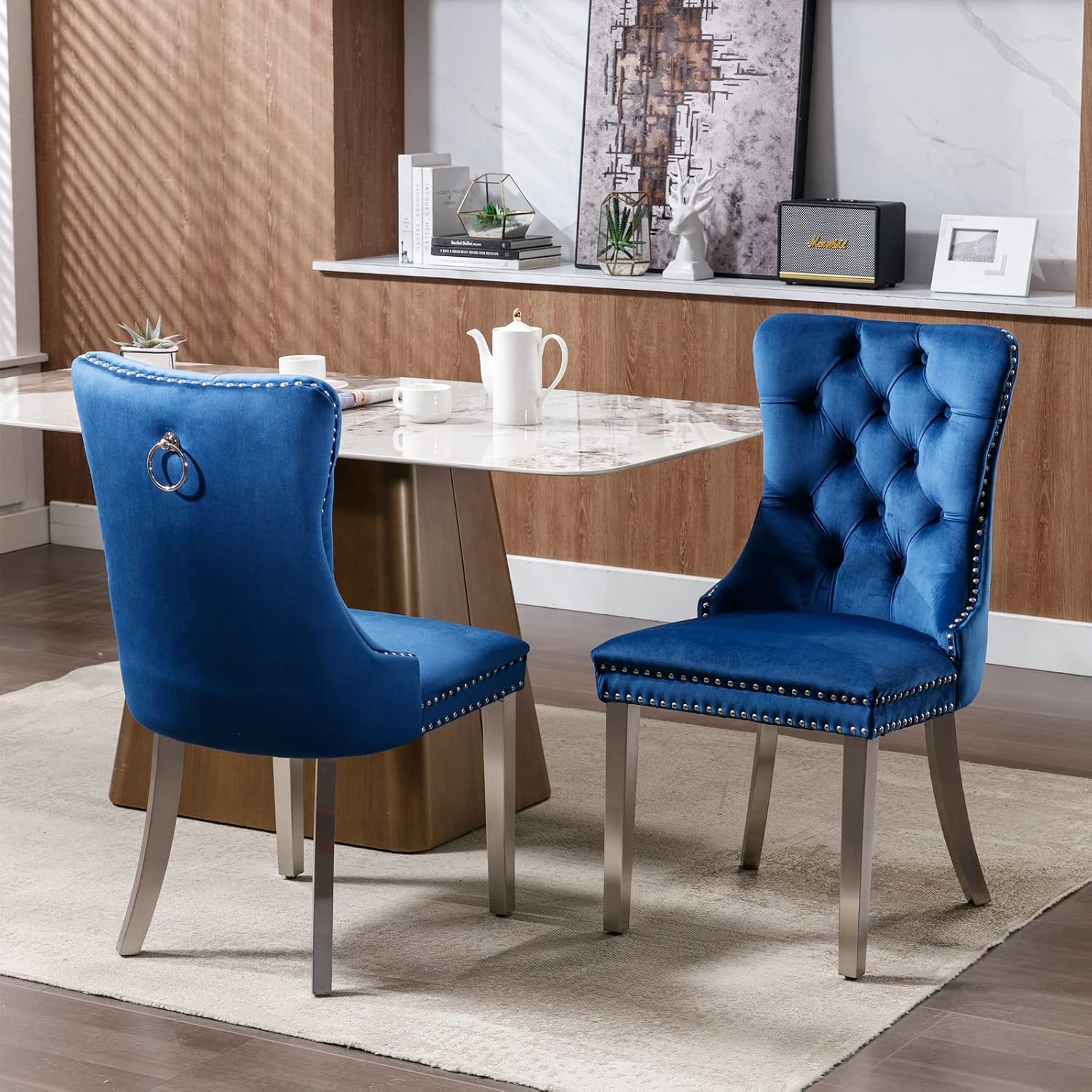Ball & Cast Contemporary Upholstered Dining Chairs Set of 2, Velvet Button Tufted Kitchen Side-Chairs with Hang Ring & Nailhead Trims & Chrome Solid Wood Legs, 2-Piece Traditional Chair, Chrome+Blue