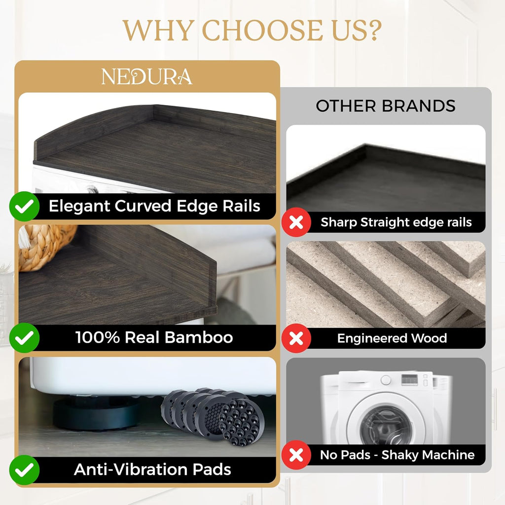 Nedura Washer Dryer Countertop w/Anti-Vibration Pads & Curved Edge Rails, Premium Bamboo Laundry Countertop, Washer Dryer Topper, Laundry Room Organization, Laundry Room Accessory - Espresso