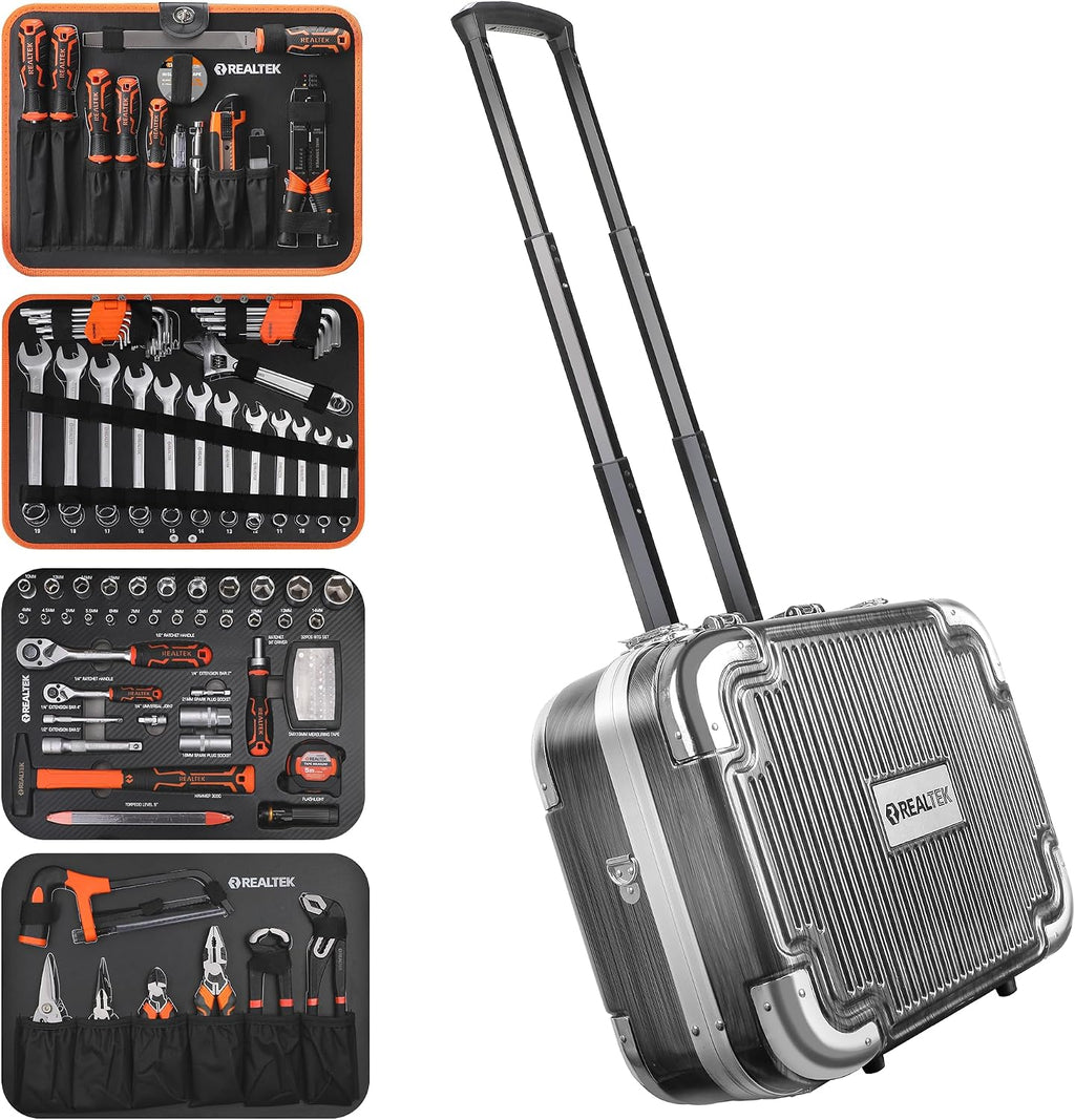 REALTEK 123 Piece Tool Set with Aluminum Case, Mechanics Tool Set with CR-V Constructed, Professional Tool Kit for Home and Car Repair