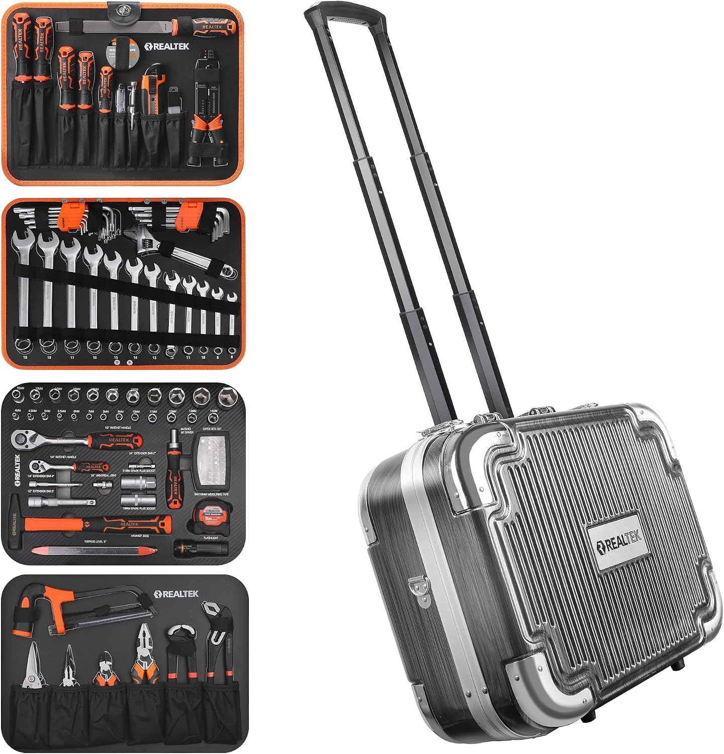 REALTEK 123 Piece Tool Set with Aluminum Case, Mechanics Tool Set with CR-V Constructed, Professional Tool Kit for Home and Car Repair