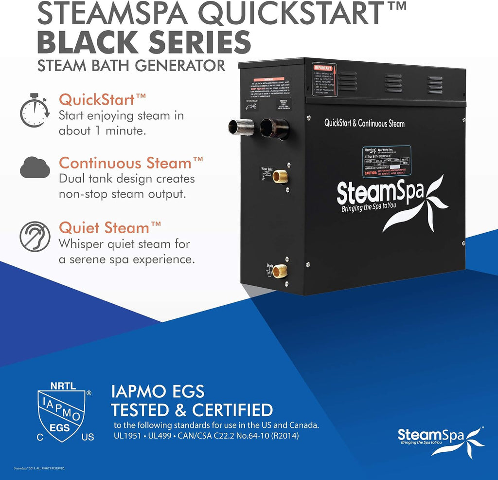 Generator with Quick Start Continuous Steam Technology, Wi-Fi, Bluetooth and Autodrain | 7.5kW Steam Generator with Black Steam Head with Aromatherapy Reservoir | RVB750BK-A