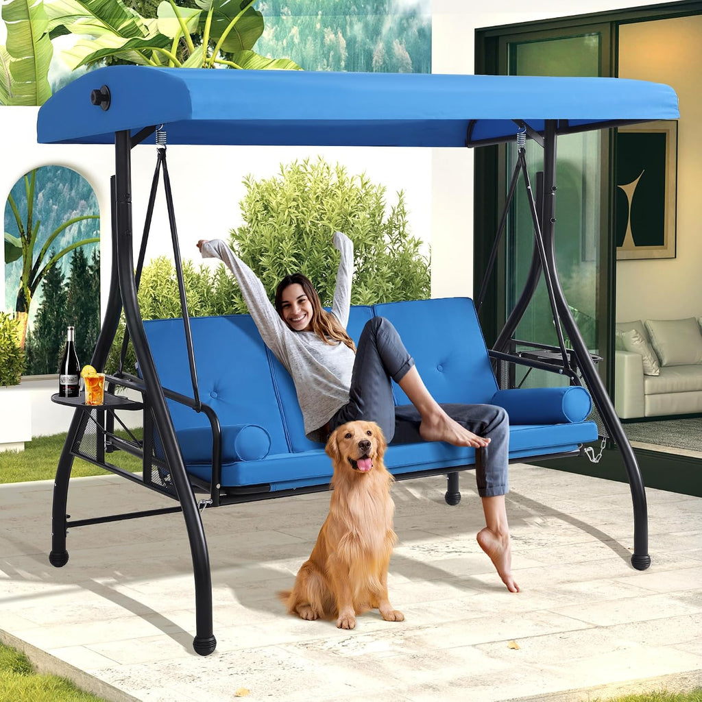 MAGIC UNION 3-Seat Outdoor Patio Swings with Canopy Adjustable Porch Swing with Stand, Upgrade Pillows Cushions and Foldable Side Tray for Patio, Backyard (Blue)