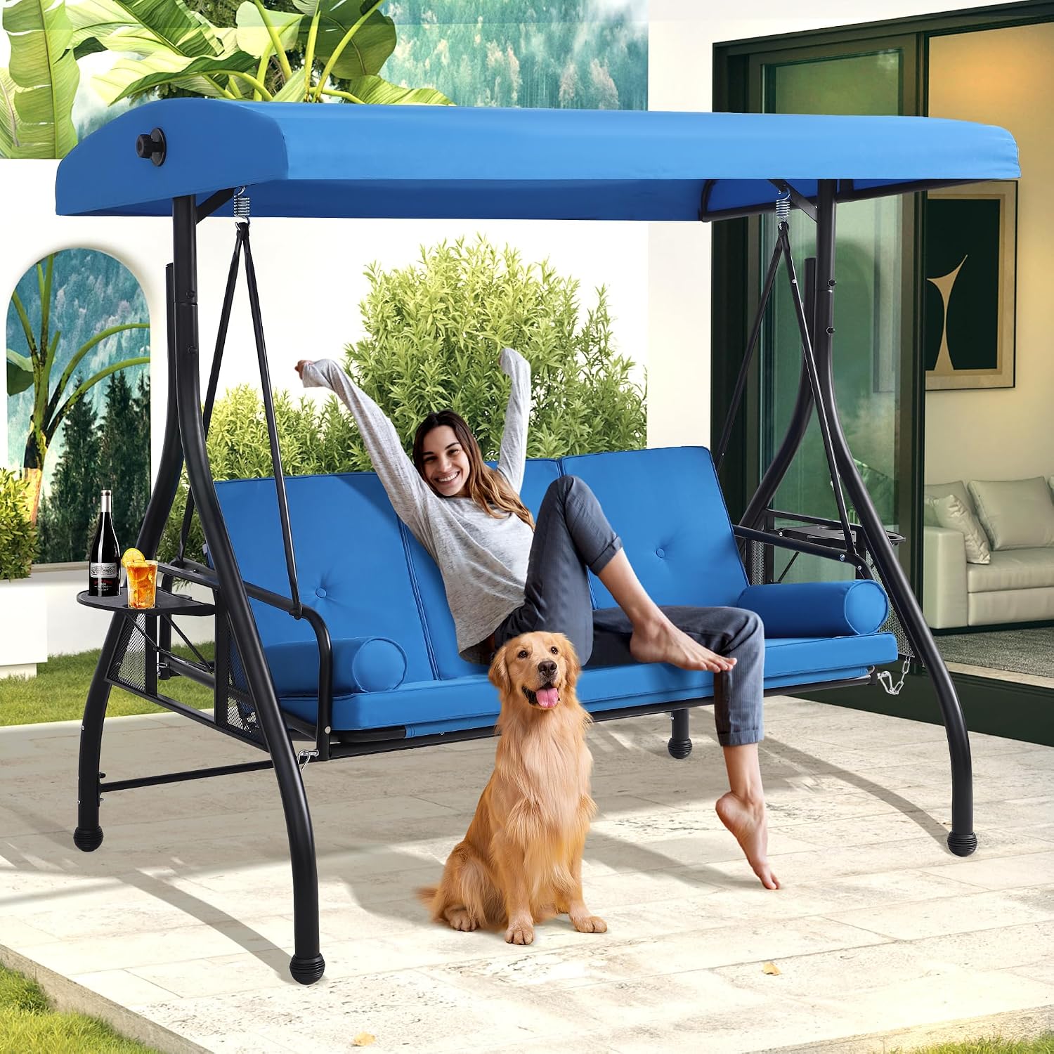 MAGIC UNION 3-Seat Outdoor Patio Swings with Canopy Adjustable Porch Swing with Stand, Upgrade Pillows Cushions and Foldable Side Tray for Patio, Backyard (Blue)