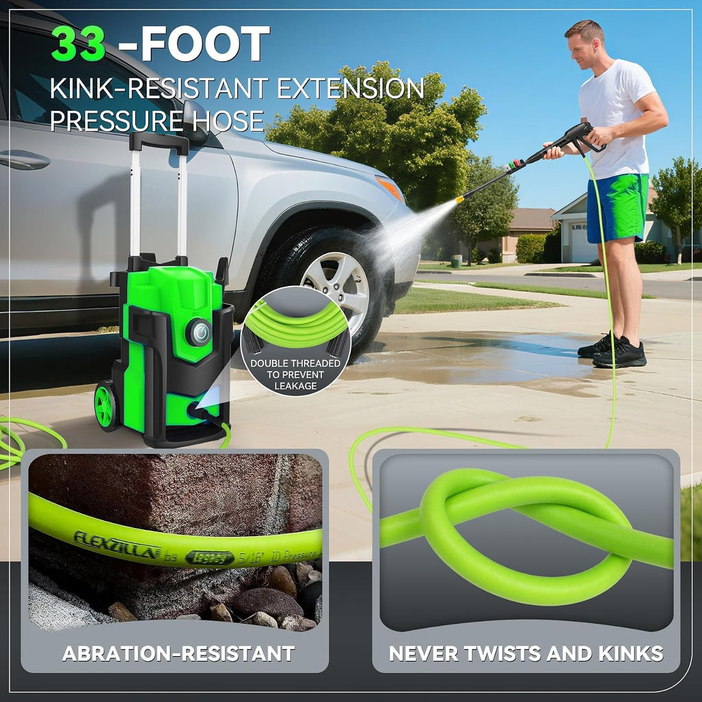 Electric Pressure Washer 5000PSI, Heavy Duty Power Washer Electric Powered, with 4 Nozzles,Foam Cannon,33FT Hose and 500ml Soap Bottle,Car Wash Machine/Car/Driveway/Patio Clean,Green