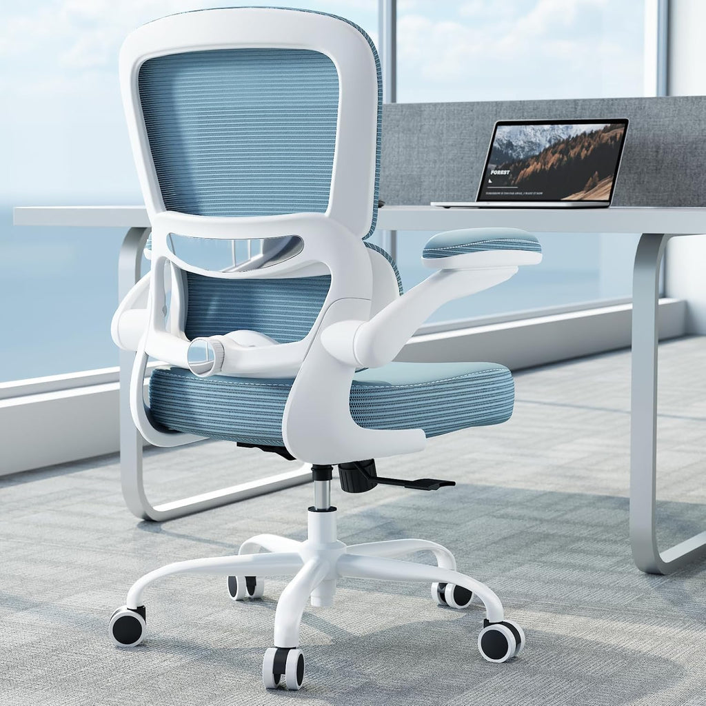TRALT Ergonomic Office Chair - Desk Chair with Adjustable Lumbar Support Computer Chair - Mesh Comfy Chair with Flip-up Armrests - Gaming Chairs for Adults Home Office (PU Leather, Sky Blue)